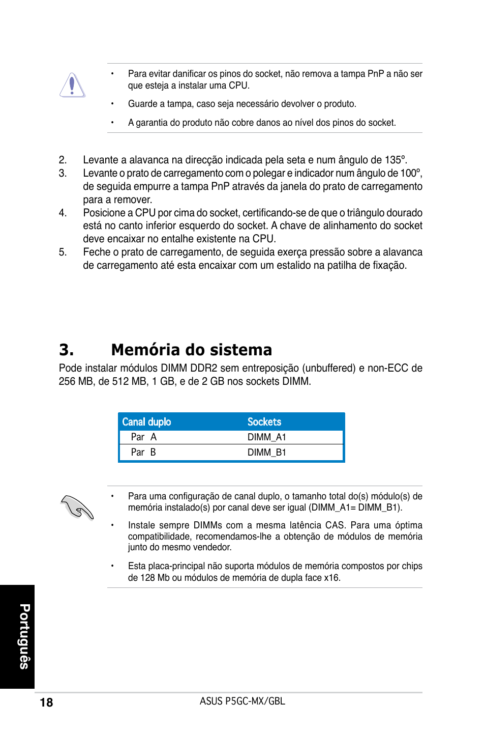 Memória do sistema, Português | Asus P5GC-MX/GBL User Manual | Page 18 / 38