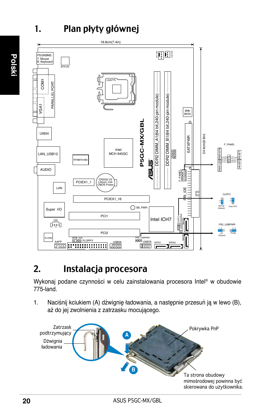 Plan płyty głównej 2. instalacja procesora, Polski, Asus p5gc-mx/gbl | Ab b, P5gc-mx/gbl, Intel ich7 | Asus P5GC-MX/GBL User Manual | Page 20 / 38