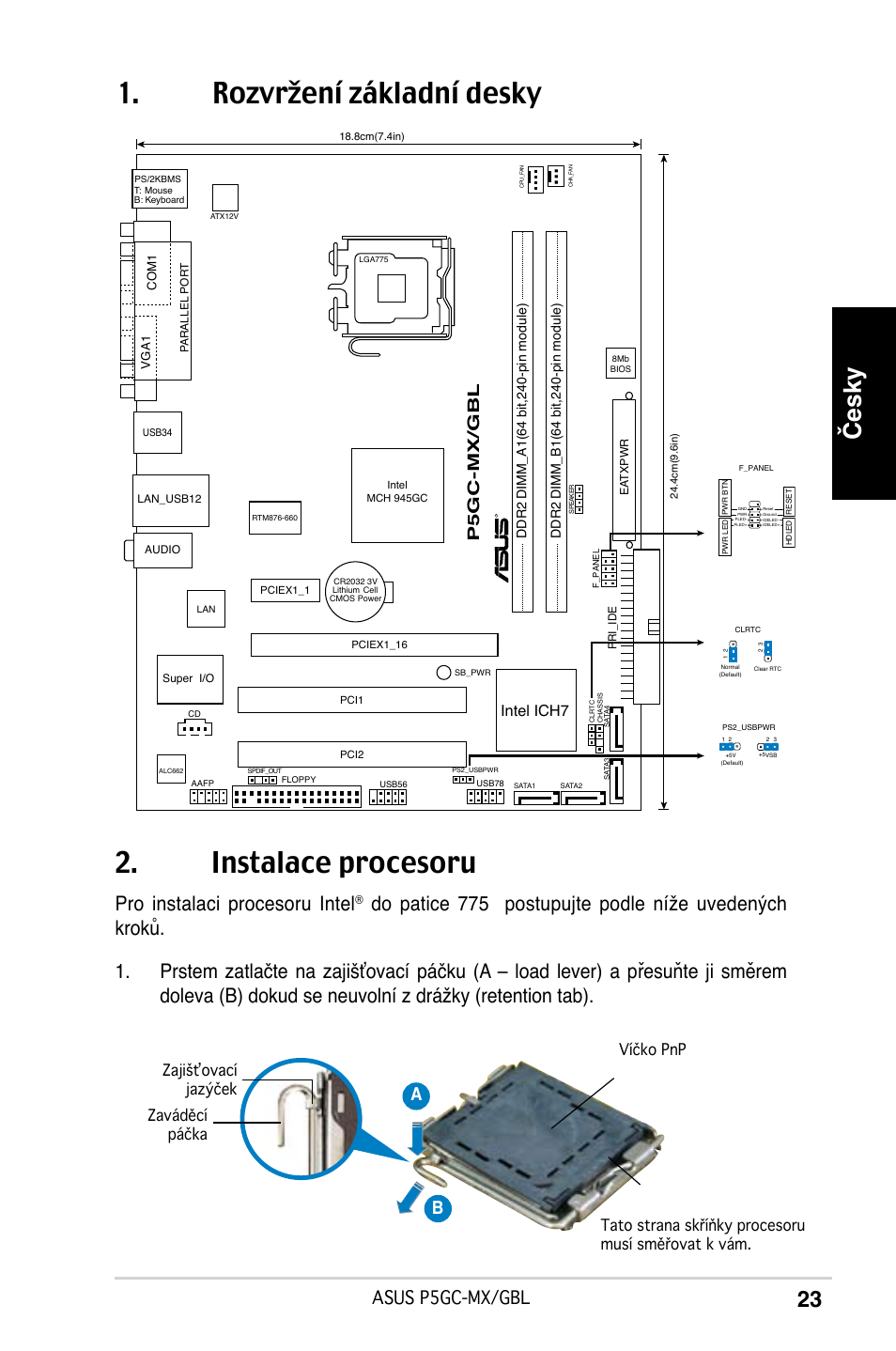 Rozvržení základní desky 2. instalace procesoru, Česky, Pro instalaci procesoru intel | Asus p5gc-mx/gbl, Ab b, P5gc-mx/gbl, Intel ich7 | Asus P5GC-MX/GBL User Manual | Page 23 / 38