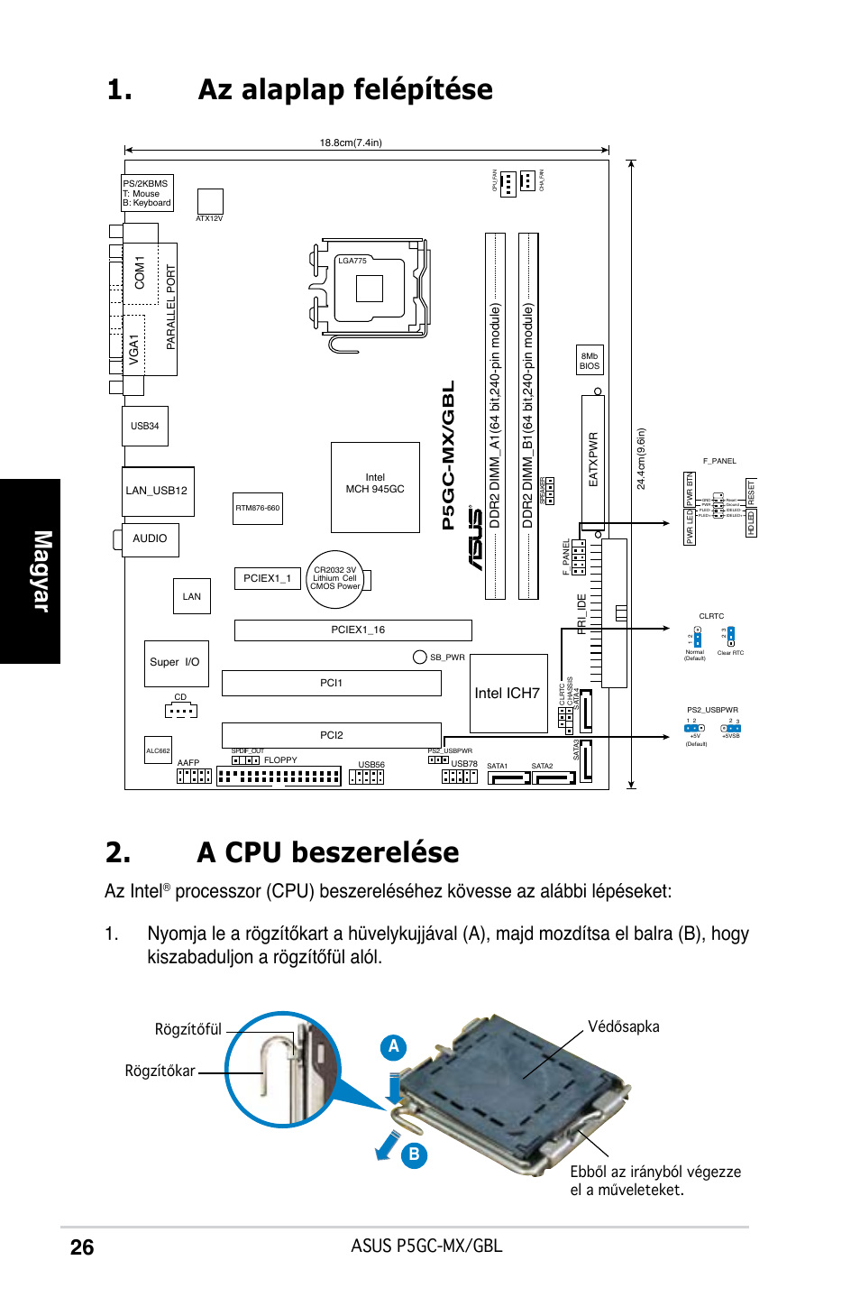 Az alaplap felépítése 2. a cpu beszerelése, Magyar, Az intel | Asus p5gc-mx/gbl, Ab b, P5gc-mx/gbl, Intel ich7 | Asus P5GC-MX/GBL User Manual | Page 26 / 38