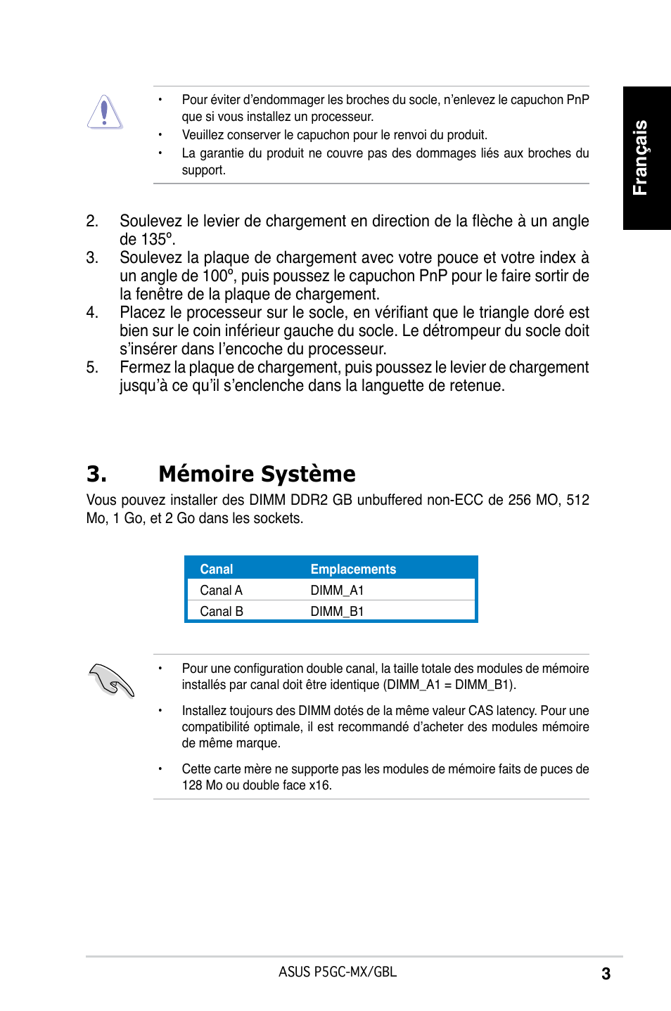 Mémoire système, Français | Asus P5GC-MX/GBL User Manual | Page 3 / 38