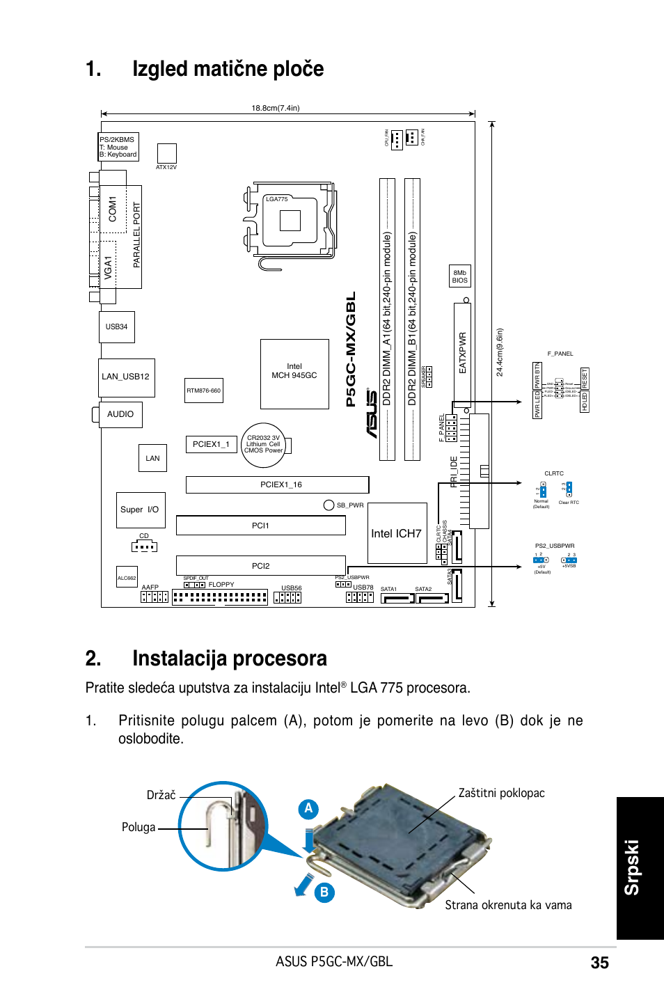 Izgled matične ploče 2. instalacija procesora, Srpski, Pratite sledeća uputstva za instalaciju intel | Asus p5gc-mx/gbl, Ab b, P5gc-mx/gbl, Intel ich7 | Asus P5GC-MX/GBL User Manual | Page 35 / 38
