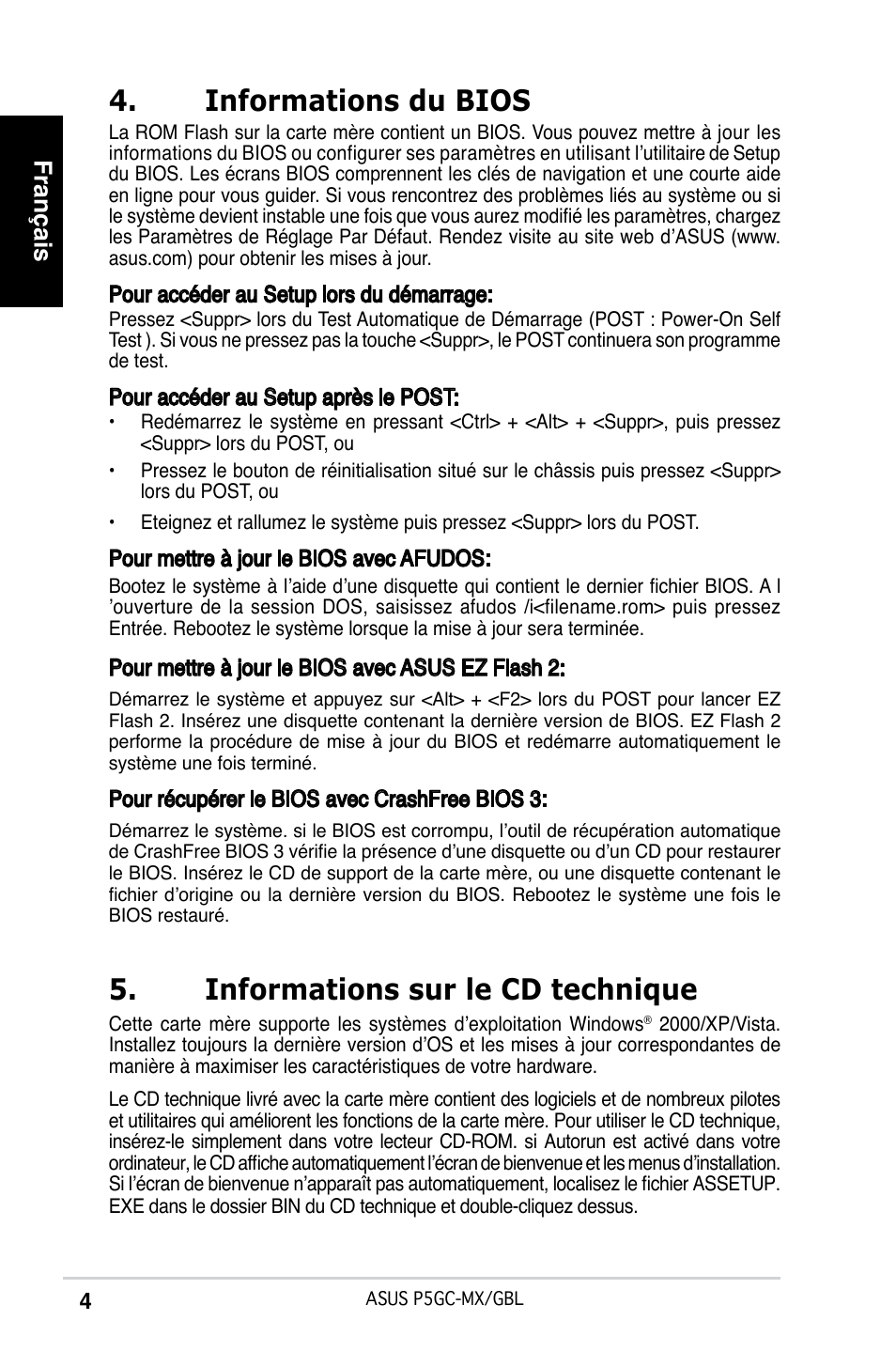 Informations du bios, Informations sur le cd technique, Français | Asus P5GC-MX/GBL User Manual | Page 4 / 38