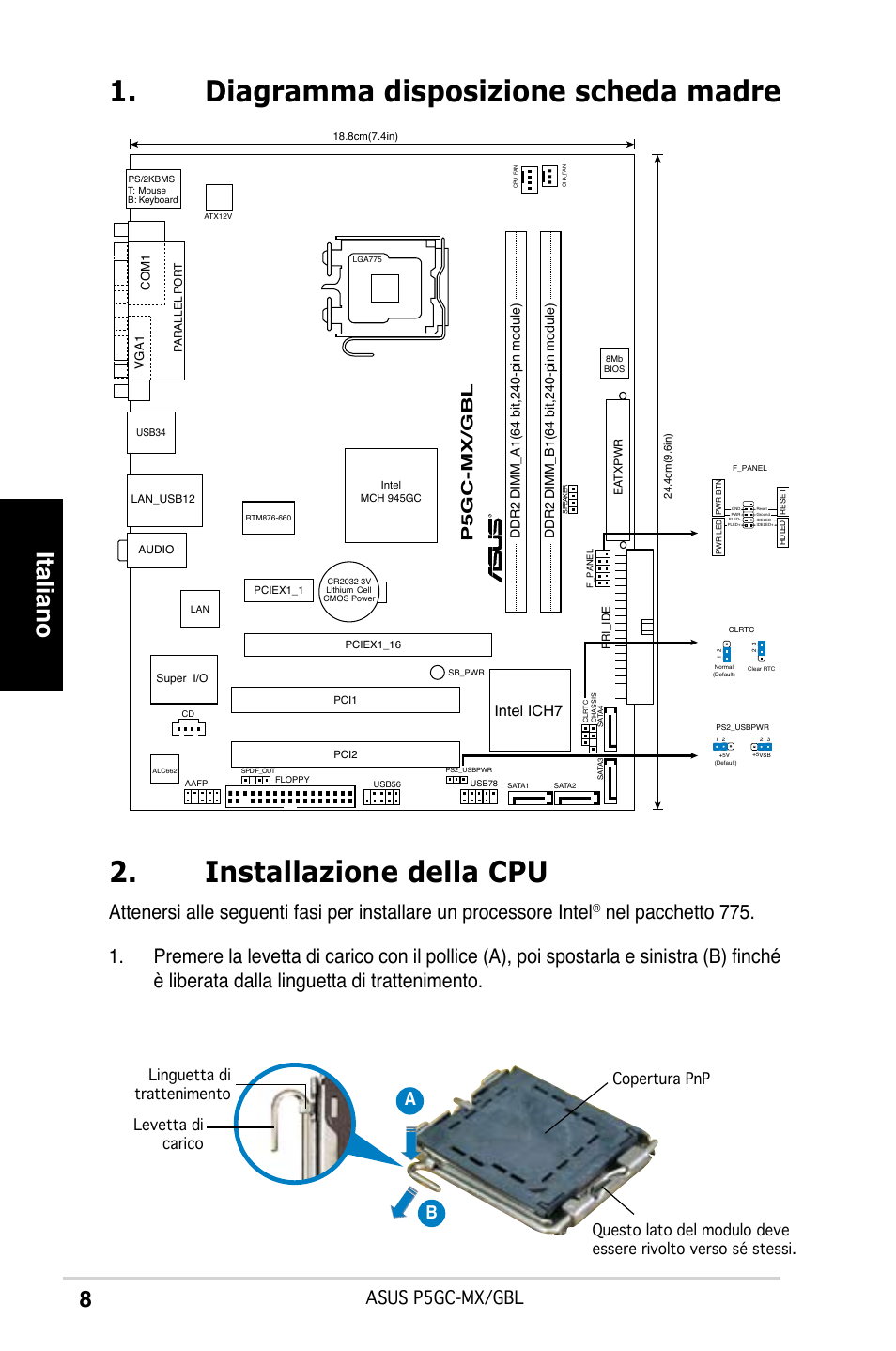 Italiano, Asus p5gc-mx/gbl, Ab b | P5gc-mx/gbl, Intel ich7 | Asus P5GC-MX/GBL User Manual | Page 8 / 38