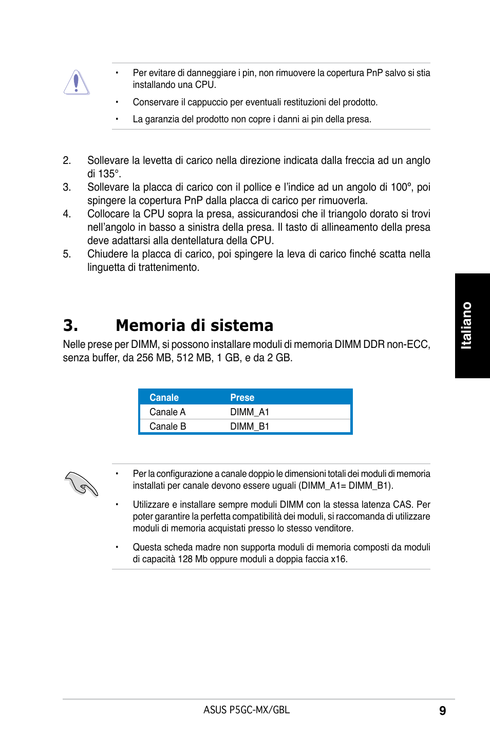 Italiano | Asus P5GC-MX/GBL User Manual | Page 9 / 38