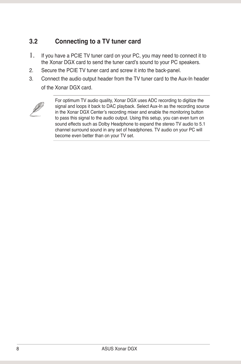 2 connecting to a tv tuner card, Connecting to a tv tuner card, 2 connecting to a t� tuner card | Asus Xonar DGX User Manual | Page 14 / 58