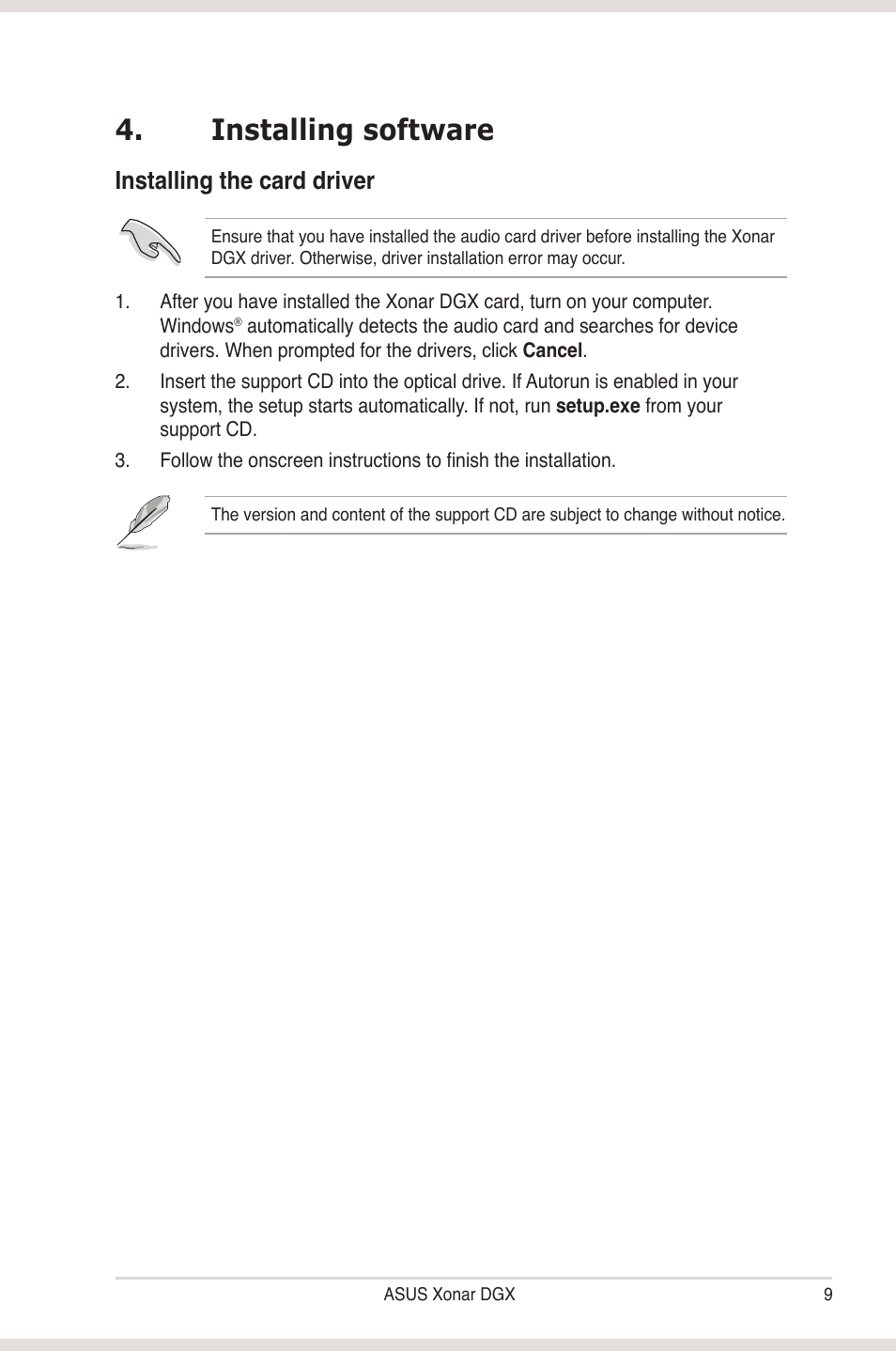 Installing software, Installing the card driver | Asus Xonar DGX User Manual | Page 15 / 58