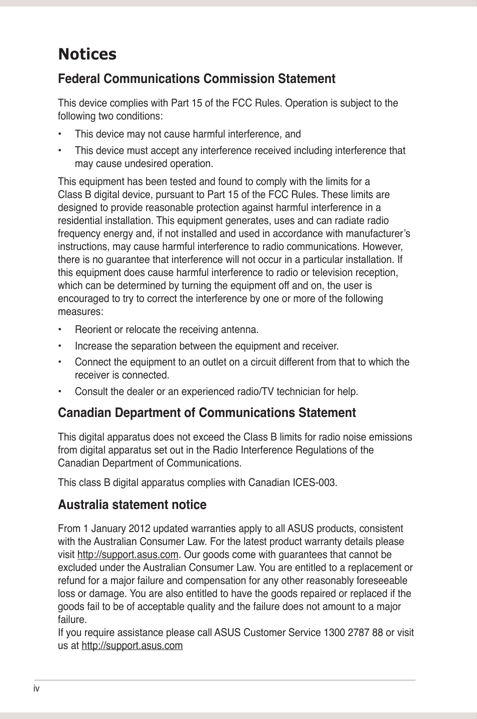 Notices, Federal communications commission statement, Canadian department of communications statement | Australia statement notice | Asus Xonar DGX User Manual | Page 4 / 58