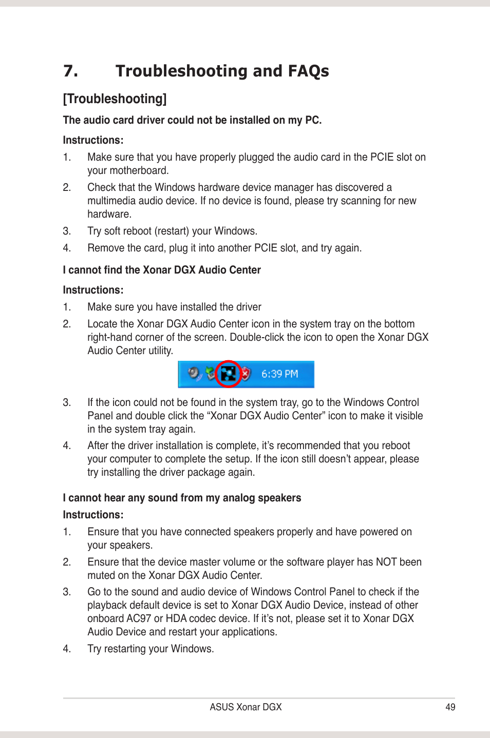 Troubleshooting and faqs, Troubleshooting | Asus Xonar DGX User Manual | Page 55 / 58