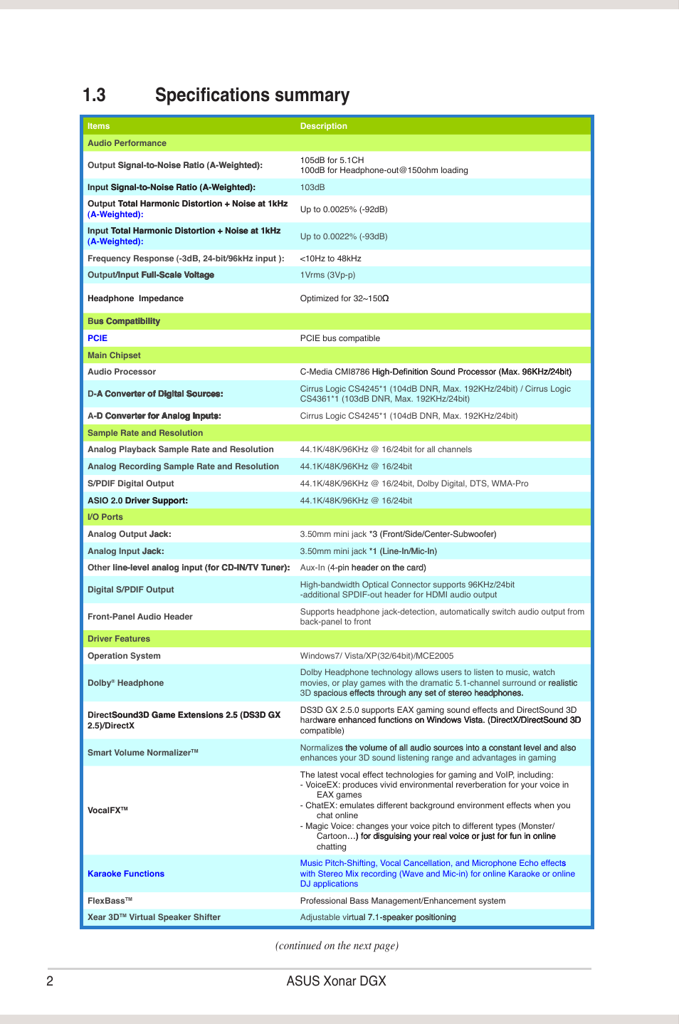 3 specifications summary, Specifications summary, 2asus xonar dgx | Continued on the next page) | Asus Xonar DGX User Manual | Page 8 / 58