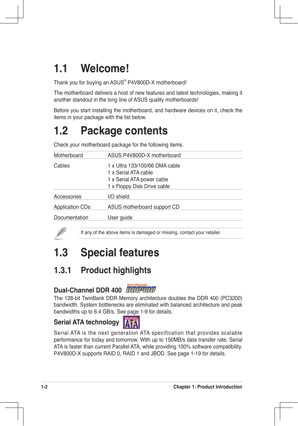 3 special features, 1 welcome, 2 package contents | 1 product highlights | Asus P4V800D-X User Manual | Page 12 / 70