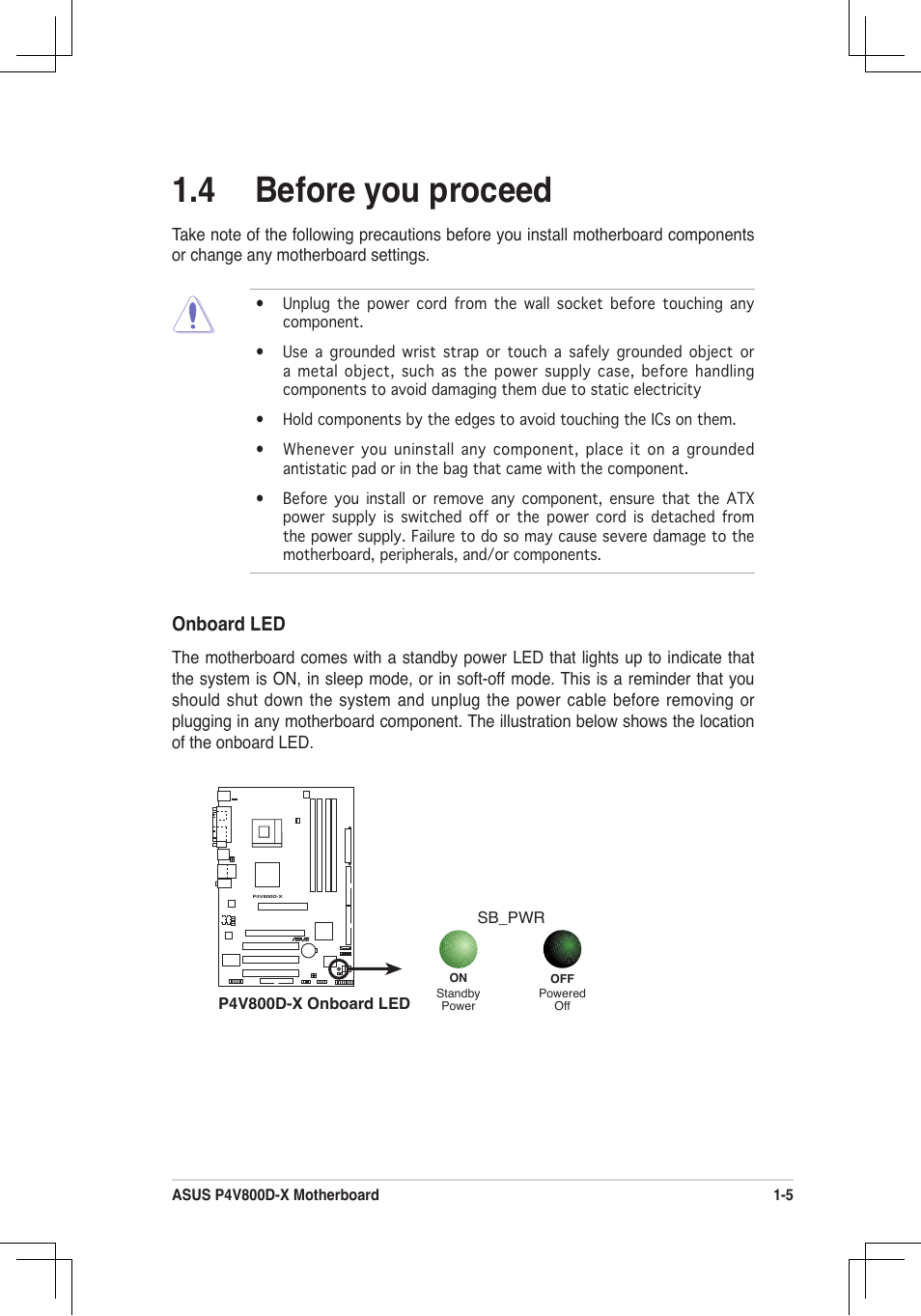 4 before you proceed, Onboard led | Asus P4V800D-X User Manual | Page 15 / 70