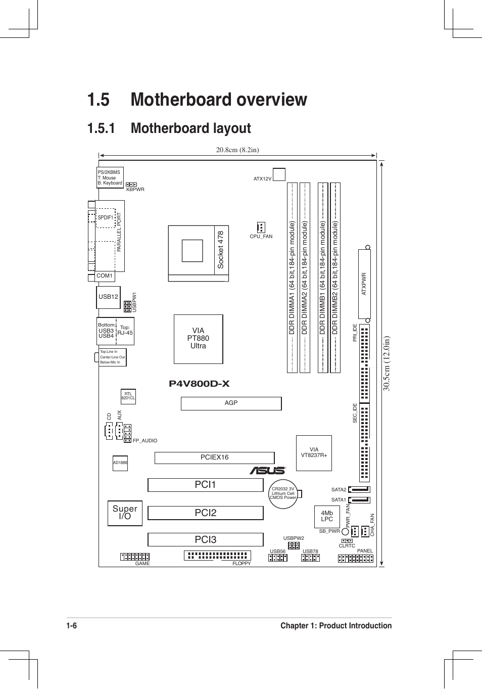 5 motherboard overview, 1 motherboard layout, Pci1 | Pci2 pci3, P4v800d-x, Super i/o, 5cm (12.0in), 6 chapter 1: product introduction | Asus P4V800D-X User Manual | Page 16 / 70