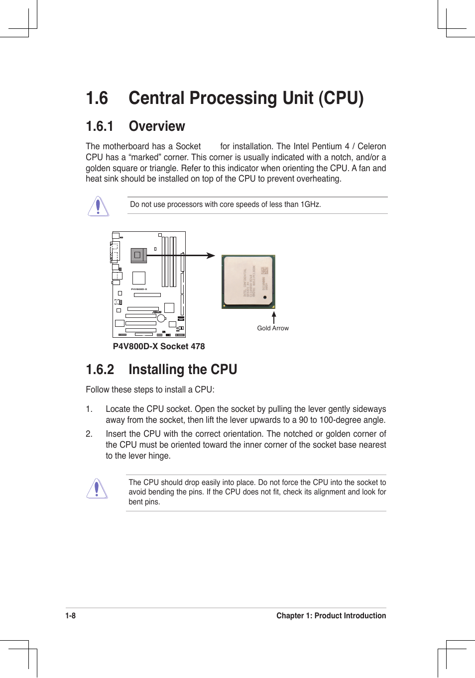 6 central processing unit (cpu), 1 overview, 2 installing the cpu | Asus P4V800D-X User Manual | Page 18 / 70