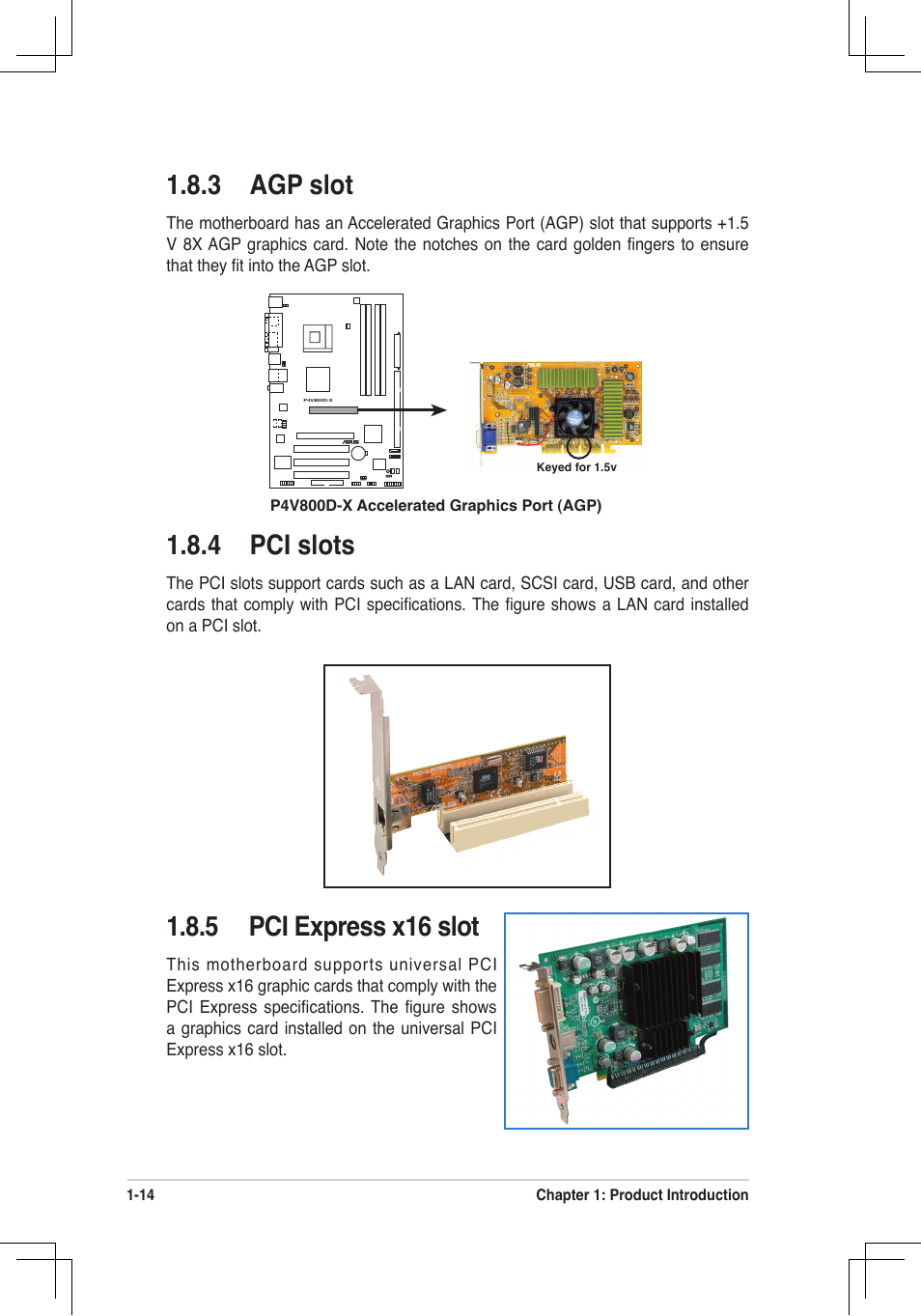 4 pci slots, 3 agp slot, 5 pci express x16 slot | Asus P4V800D-X User Manual | Page 24 / 70