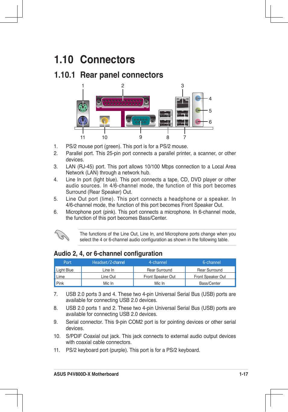 10 connectors, 1 rear panel connectors, Audio 2, 4, or 6-channel conﬁguration | Asus P4V800D-X User Manual | Page 27 / 70