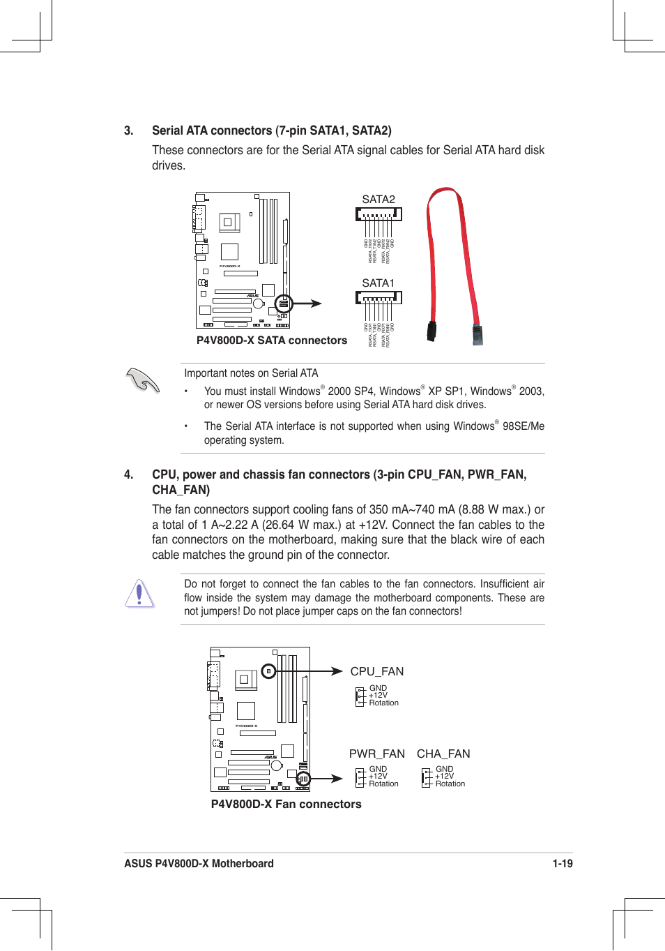 P4v800d-x fan connectors cpu_fan pwr_fan, Cha_fan, Xp sp1, windows | Sata1 | Asus P4V800D-X User Manual | Page 29 / 70