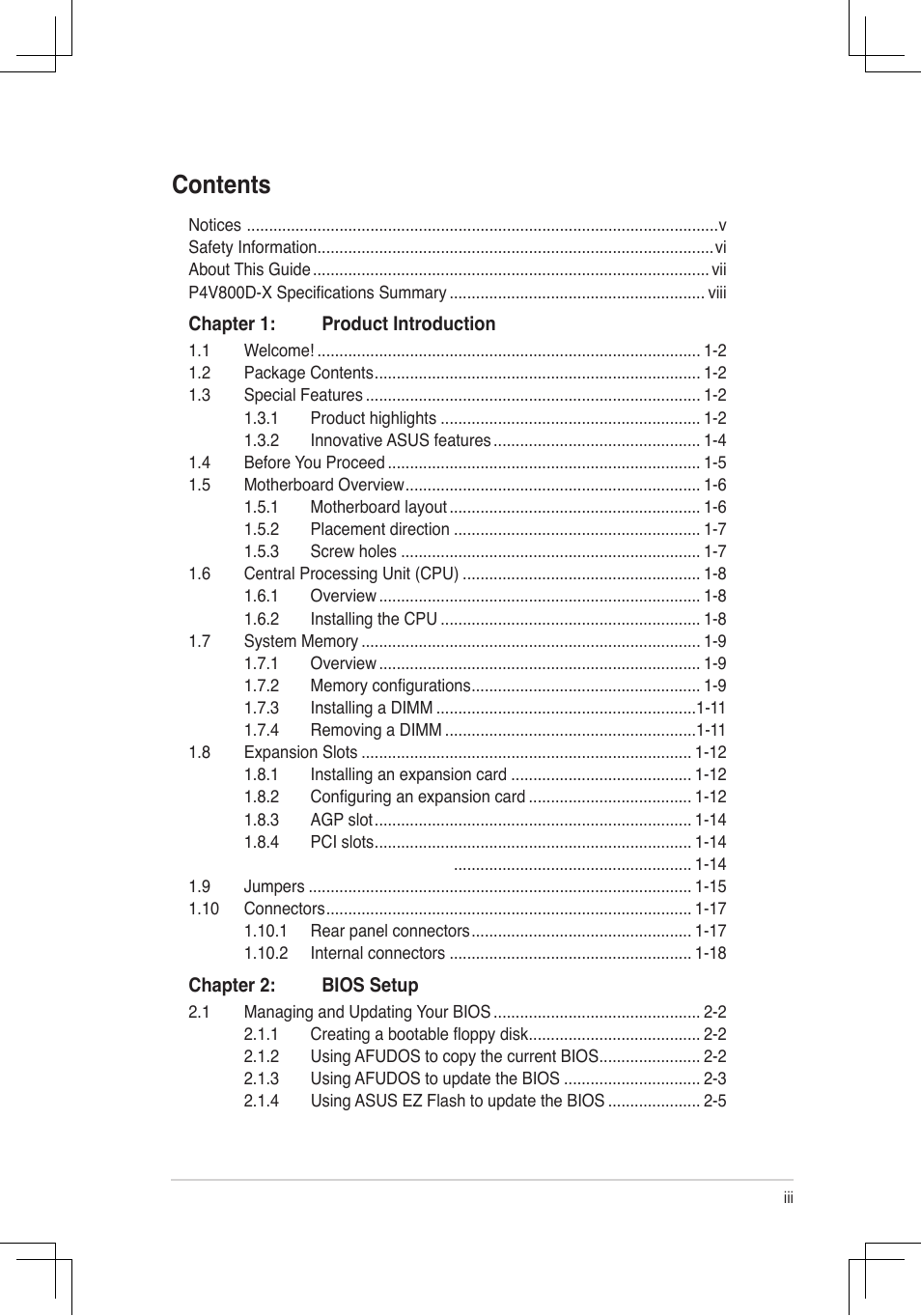 Asus P4V800D-X User Manual | Page 3 / 70