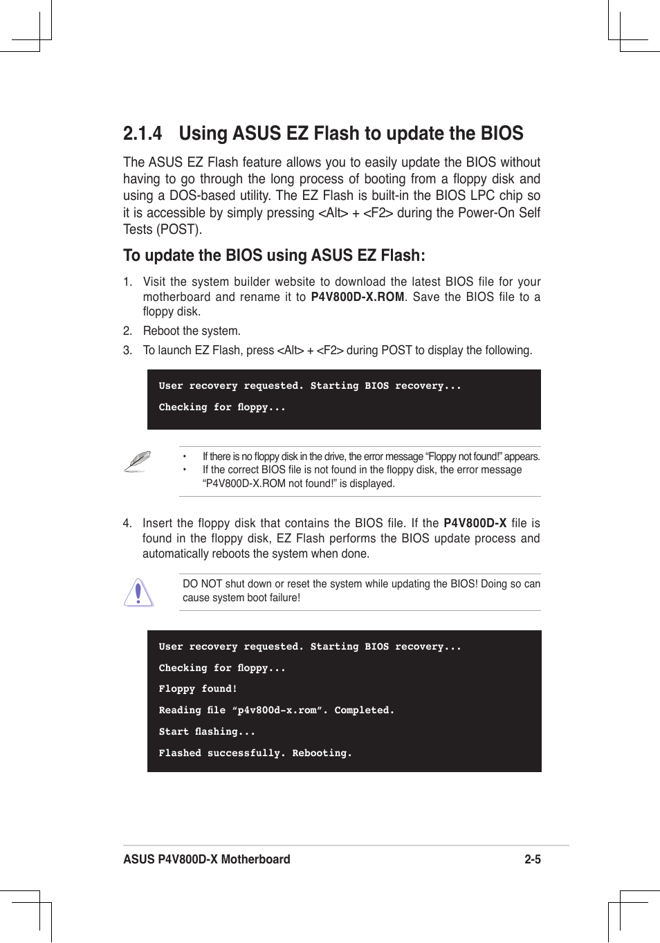 4 using asus ez flash to update the bios | Asus P4V800D-X User Manual | Page 38 / 70