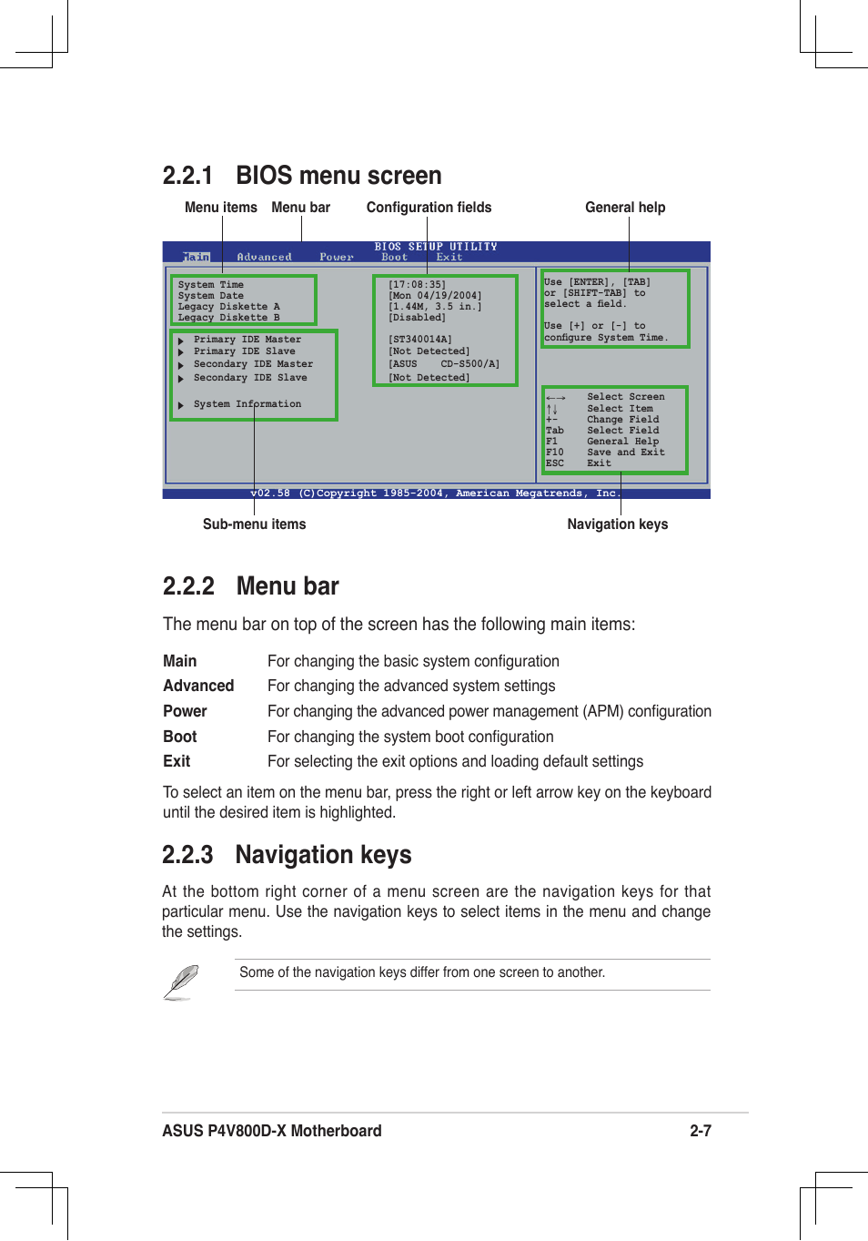 2 menu bar, 1 bios menu screen 2.2.3 navigation keys | Asus P4V800D-X User Manual | Page 40 / 70