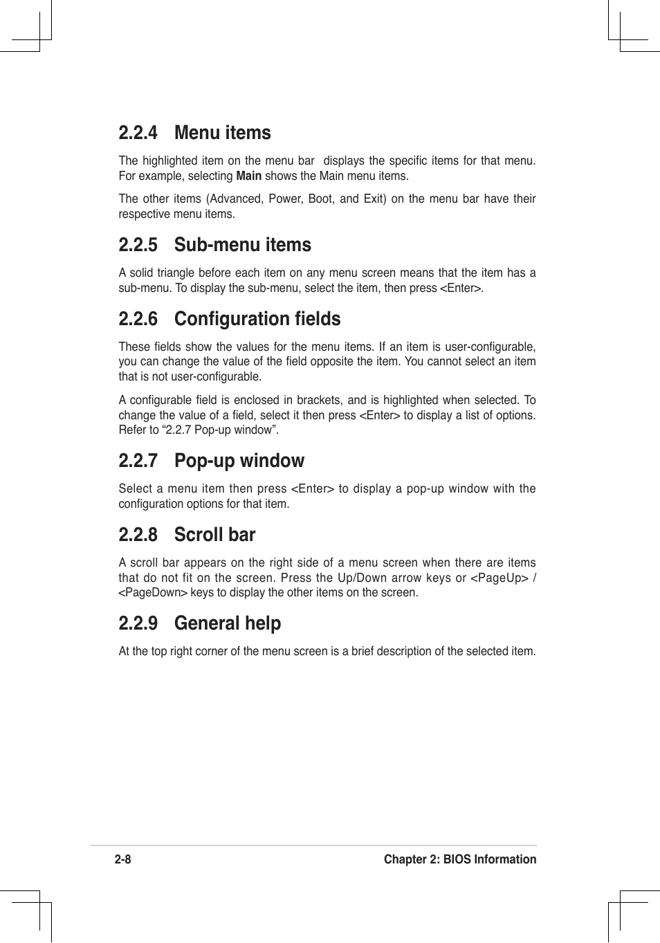 4 menu items, 5 sub-menu items, 6 conﬁguration ﬁelds | 7 pop-up window, 8 scroll bar, 9 general help | Asus P4V800D-X User Manual | Page 41 / 70