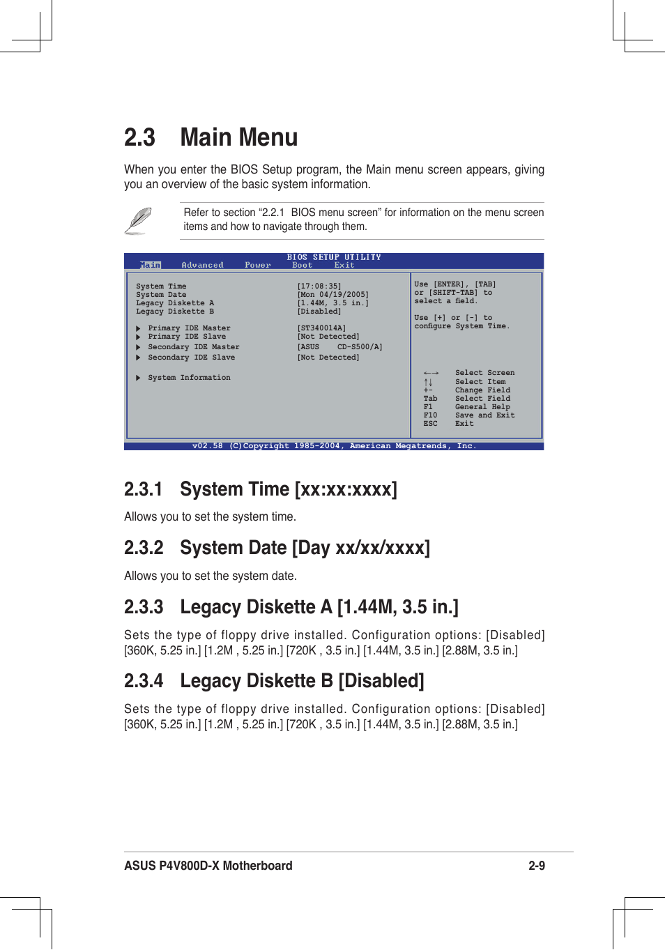 3 main menu, 4 legacy diskette b [disabled | Asus P4V800D-X User Manual | Page 42 / 70