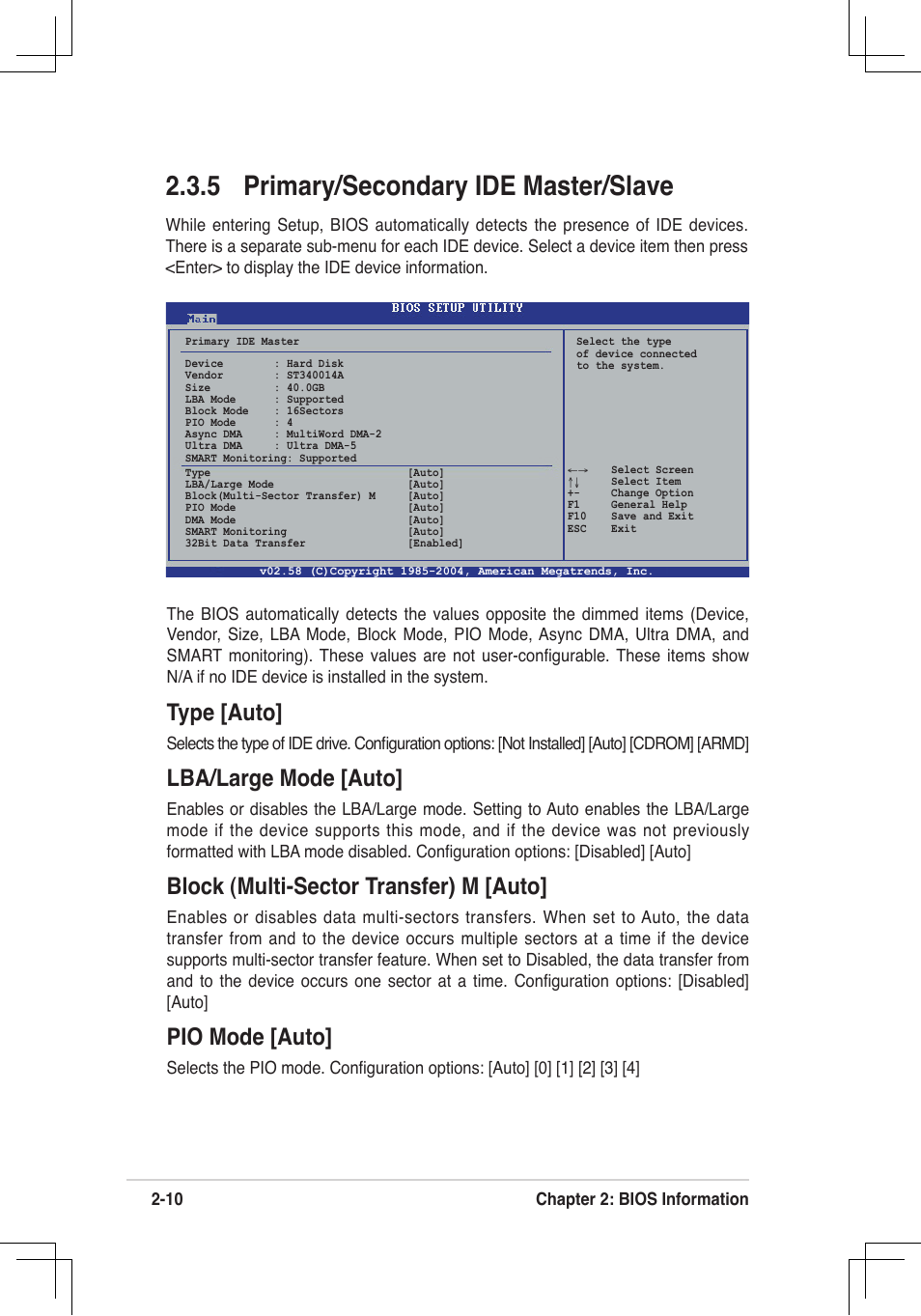 5 primary/secondary ide master/slave, Type [auto, Lba/large mode [auto | Block (multi-sector transfer) m [auto, Pio mode [auto | Asus P4V800D-X User Manual | Page 43 / 70