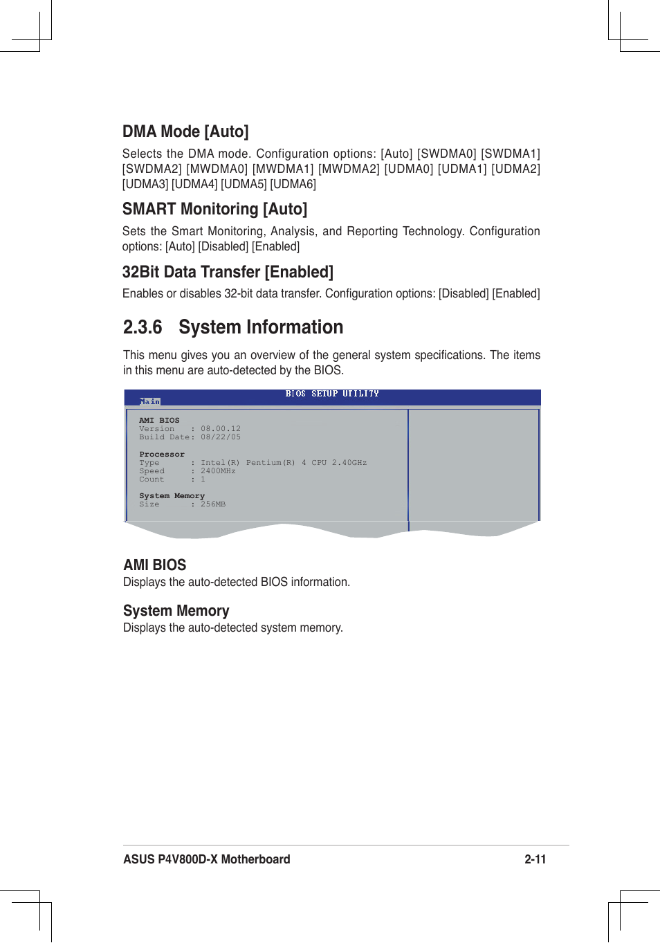 6 system information, Dma mode [auto, Smart monitoring [auto | 32bit data transfer [enabled, Ami bios | Asus P4V800D-X User Manual | Page 44 / 70