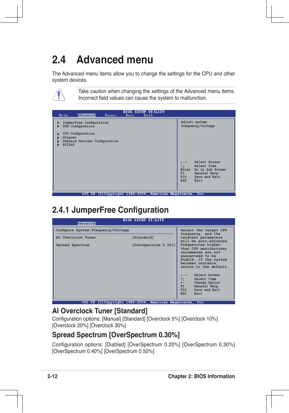 4 advanced menu, 1 jumperfree conﬁguration, Ai overclock tuner [standard | Spread spectrum [overspectrum 0.30, 12 chapter 2: bios information | Asus P4V800D-X User Manual | Page 45 / 70