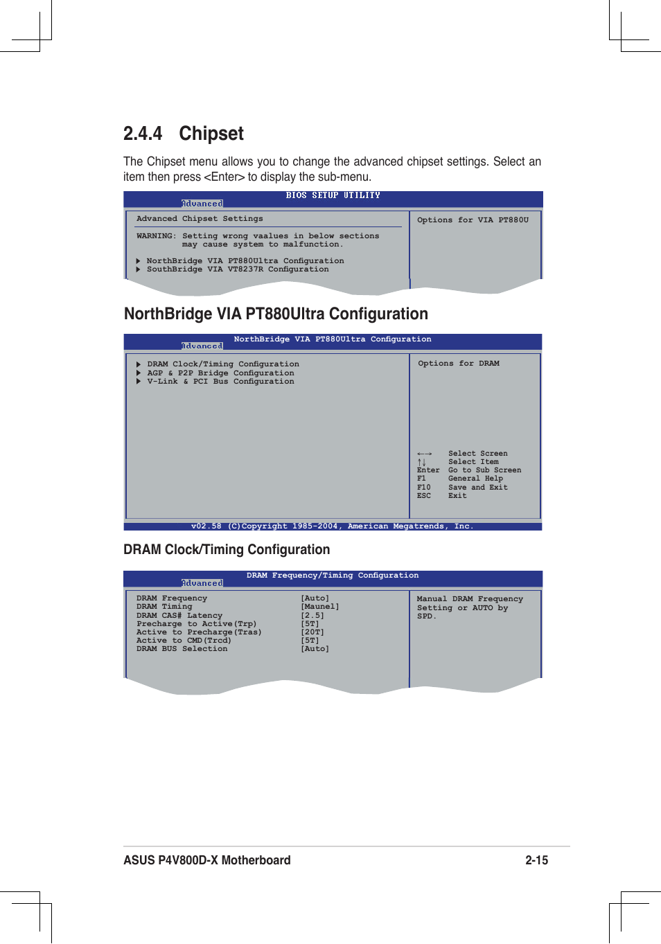 4 chipset, Northbridge via pt880ultra conﬁguration, Dram clock/timing conﬁguration | Asus P4V800D-X User Manual | Page 48 / 70