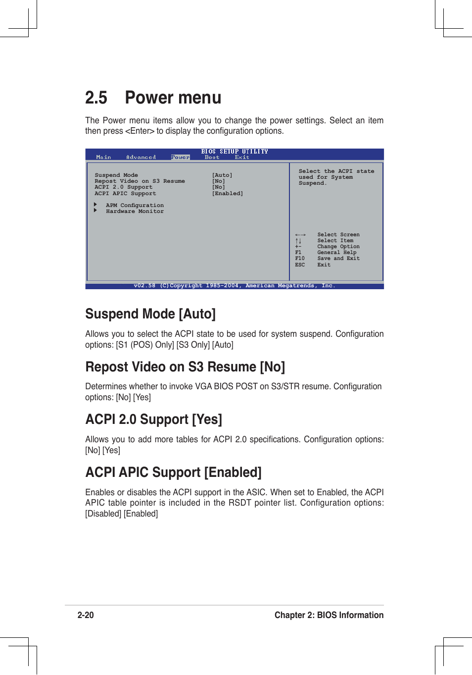 5 power menu, Suspend mode [auto, Repost video on s3 resume [no | Acpi 2.0 support [yes, Acpi apic support [enabled | Asus P4V800D-X User Manual | Page 53 / 70