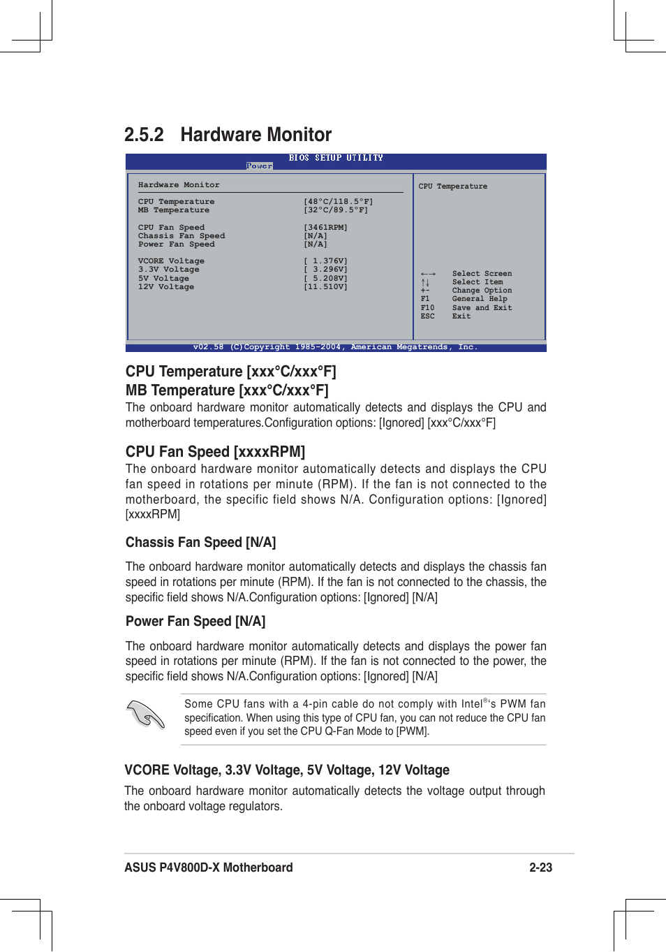 2 hardware monitor, Chassis fan speed [n/a, Power fan speed [n/a | Asus P4V800D-X User Manual | Page 56 / 70