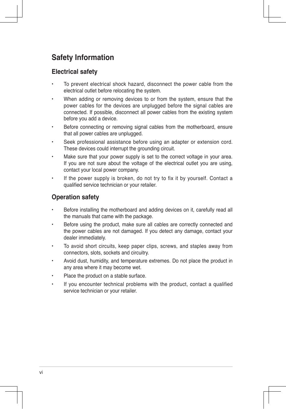 Safety information, Electrical safety, Operation safety | Asus P4V800D-X User Manual | Page 6 / 70