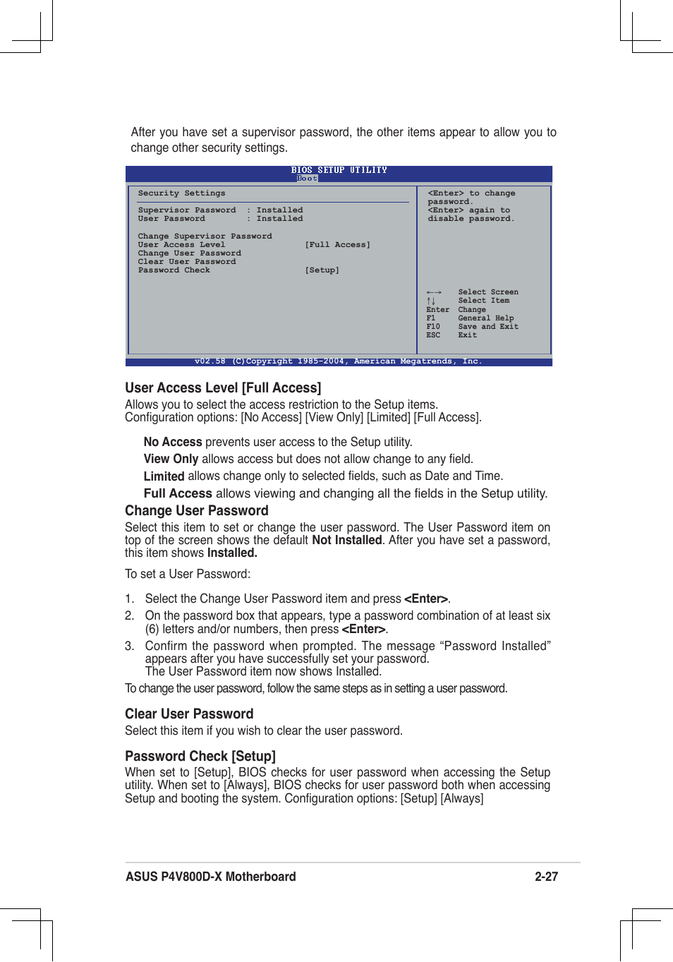 User access level [full access, Change user password, Clear user password | Password check [setup | Asus P4V800D-X User Manual | Page 60 / 70