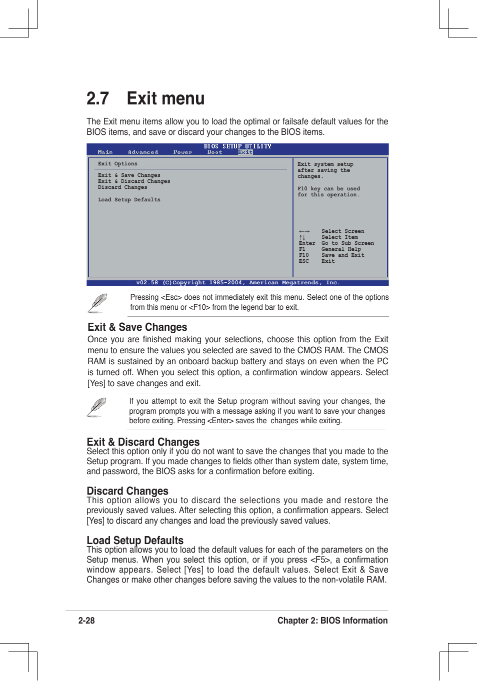 7 exit menu, Exit & save changes, Exit & discard changes | Discard changes, Load setup defaults | Asus P4V800D-X User Manual | Page 61 / 70