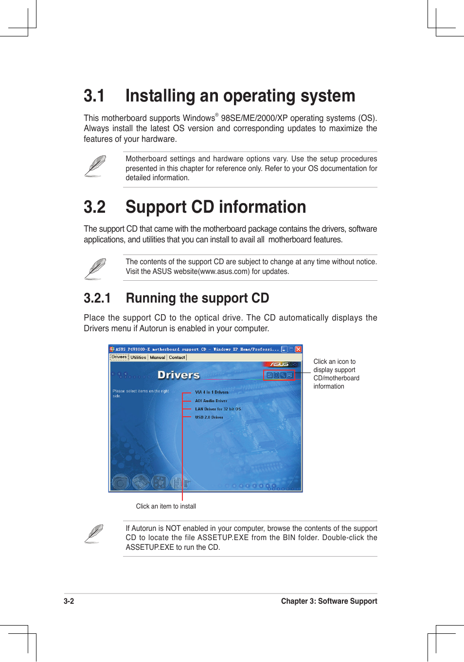 1 installing an operating system, 2 support cd information, 1 running the support cd | Asus P4V800D-X User Manual | Page 63 / 70