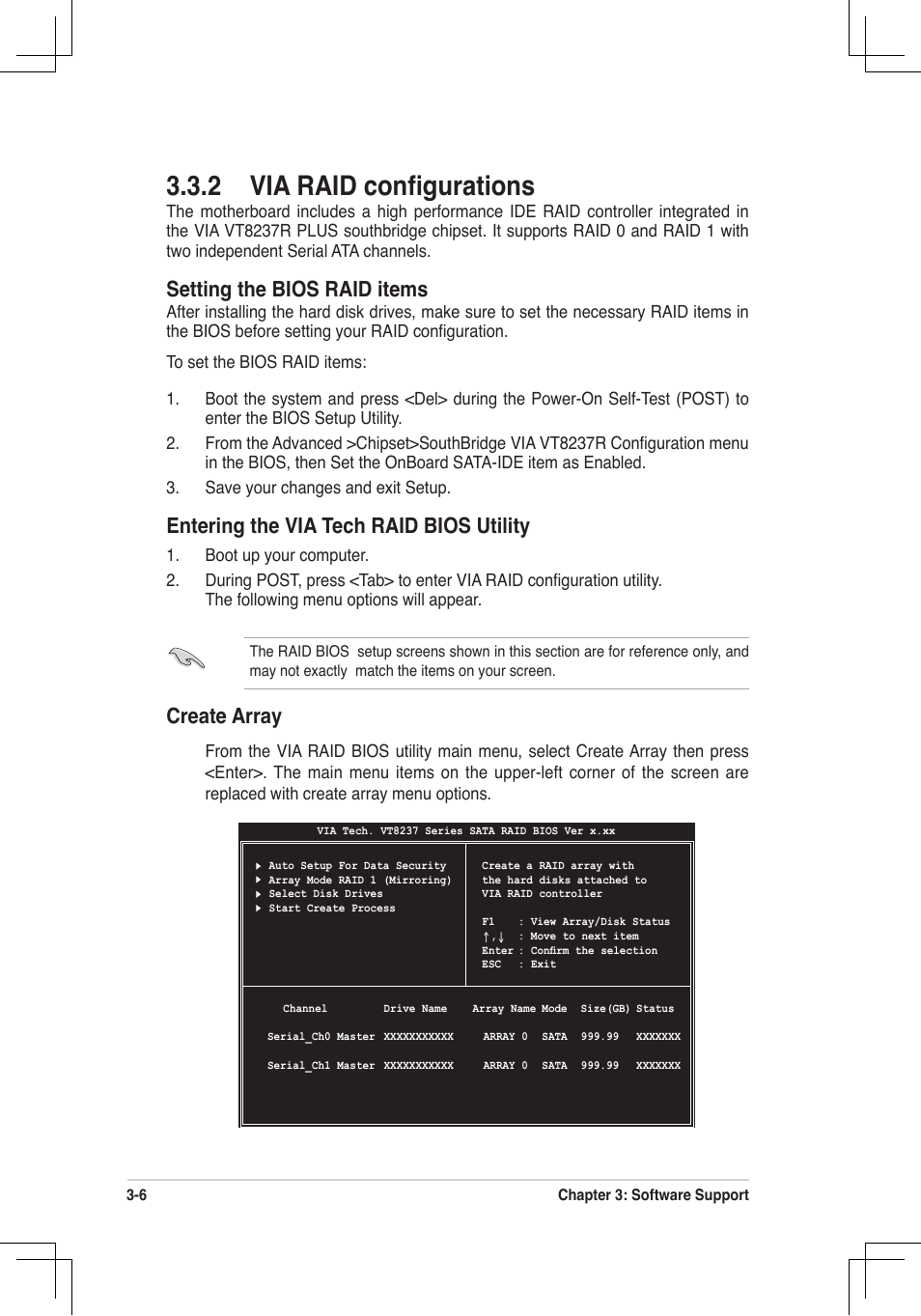 2 via raid conﬁgurations, Setting the bios raid items, Entering the via tech raid bios utility | Create array | Asus P4V800D-X User Manual | Page 67 / 70