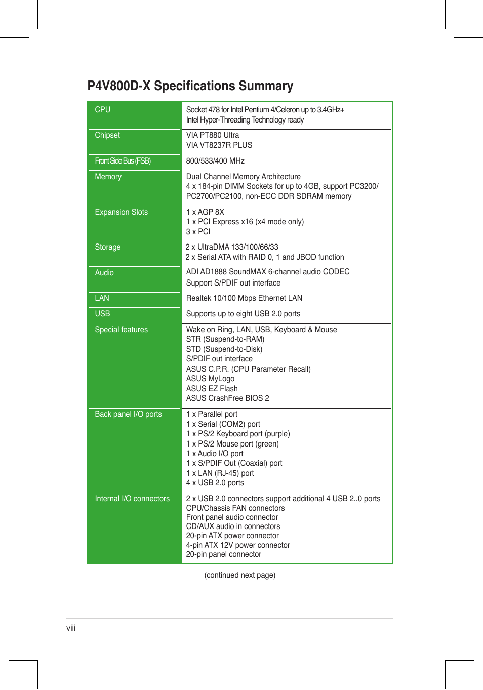 P4v800d-x speciﬁcations summary | Asus P4V800D-X User Manual | Page 8 / 70