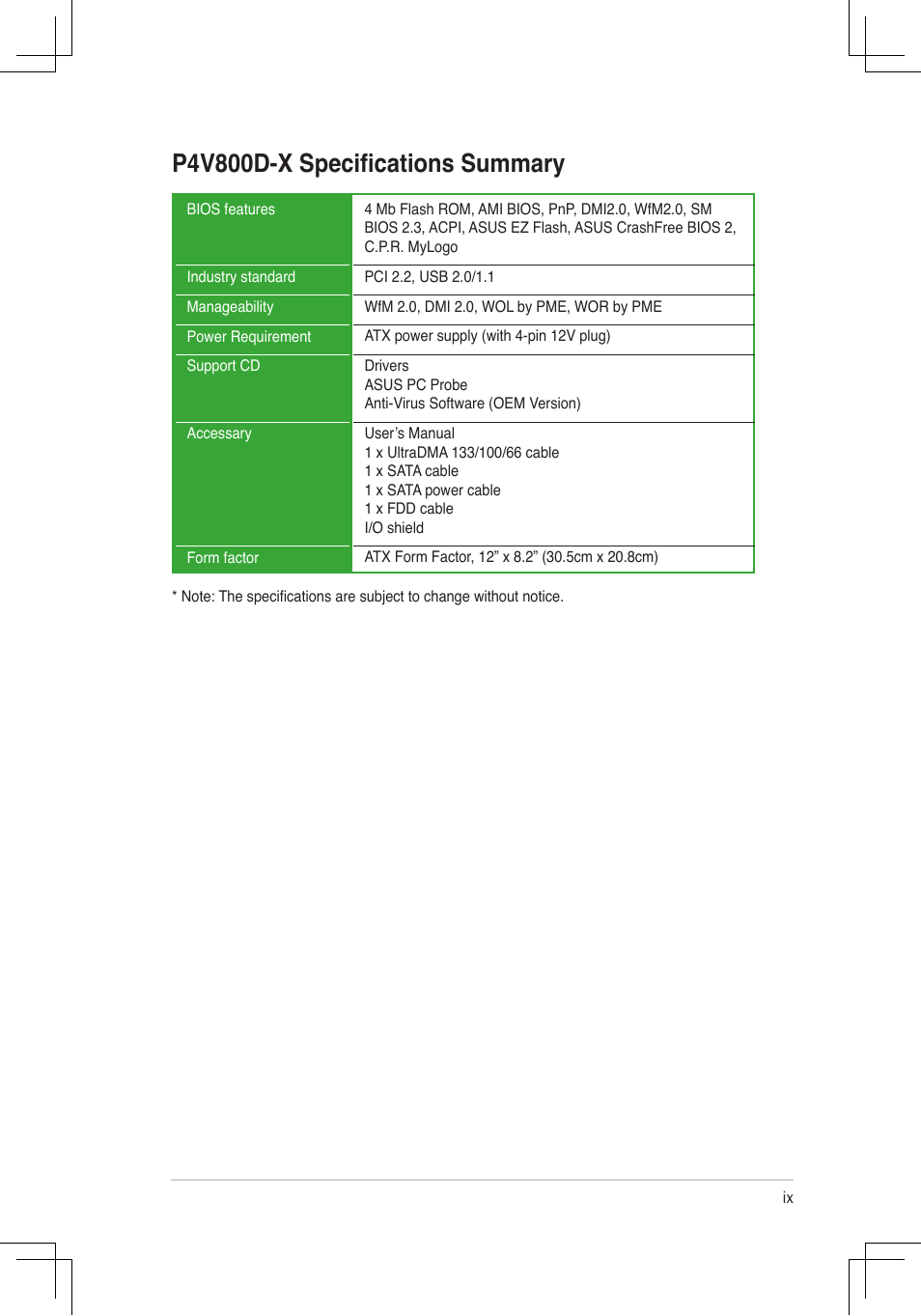 P4v800d-x speciﬁcations summary | Asus P4V800D-X User Manual | Page 9 / 70