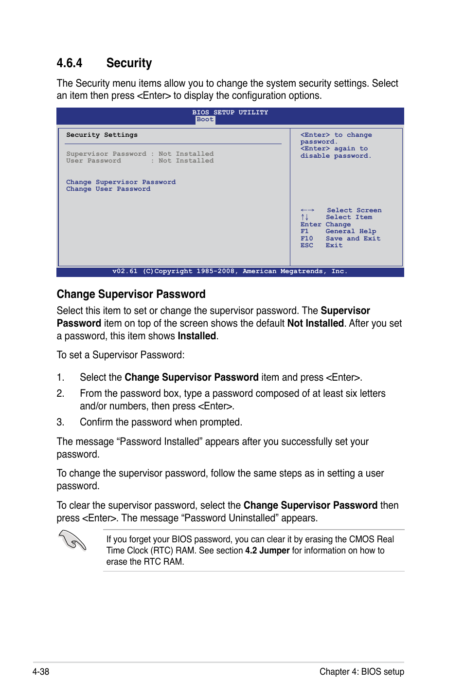 4 security, Change supervisor password | Asus Z8PE-D12 User Manual | Page 104 / 168