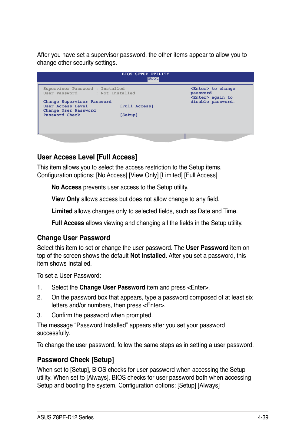User access level [full access, Change user password, Password check [setup | Asus Z8PE-D12 User Manual | Page 105 / 168