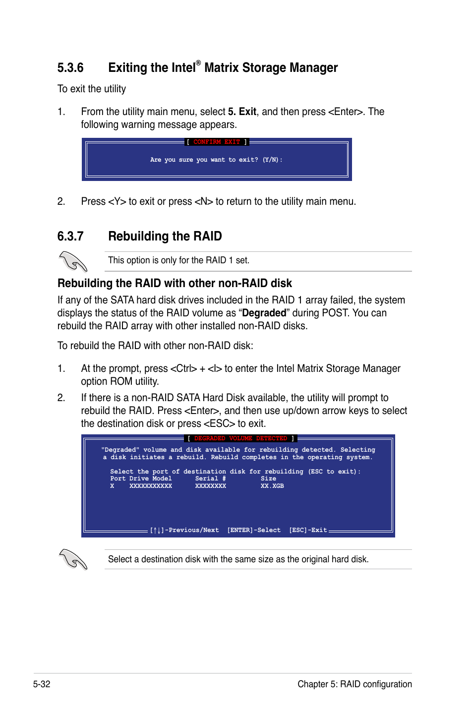 7 rebuilding the raid, 6 exiting the intel, Matrix storage manager | Rebuilding the raid with other non-raid disk | Asus Z8PE-D12 User Manual | Page 138 / 168
