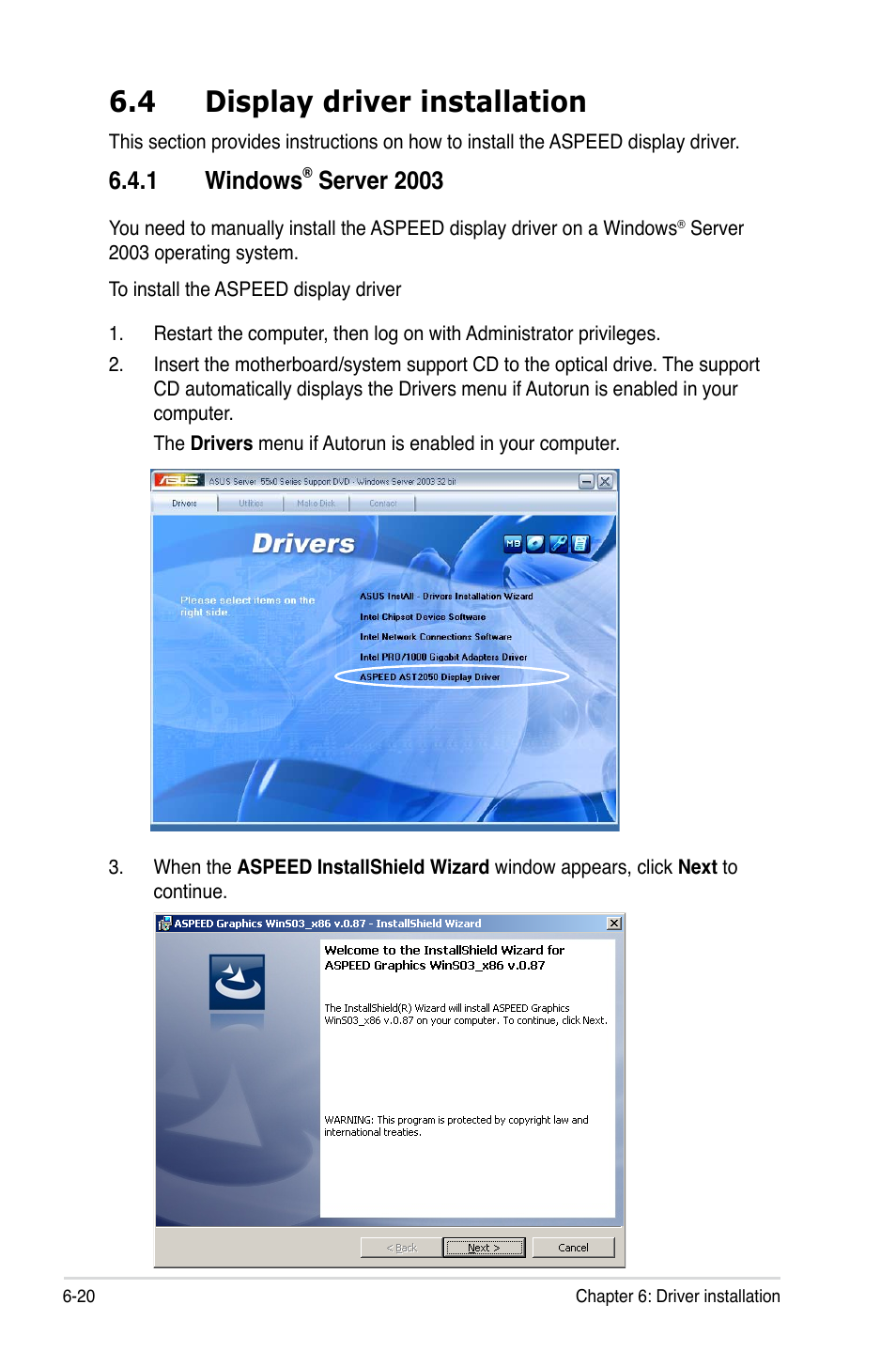 4 display driver installation, 1 windows, Server 2003 | Asus Z8PE-D12 User Manual | Page 160 / 168