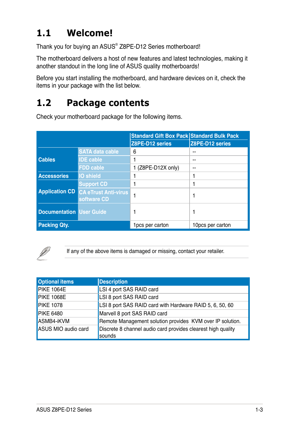 1 welcome, 2 package contents | Asus Z8PE-D12 User Manual | Page 17 / 168