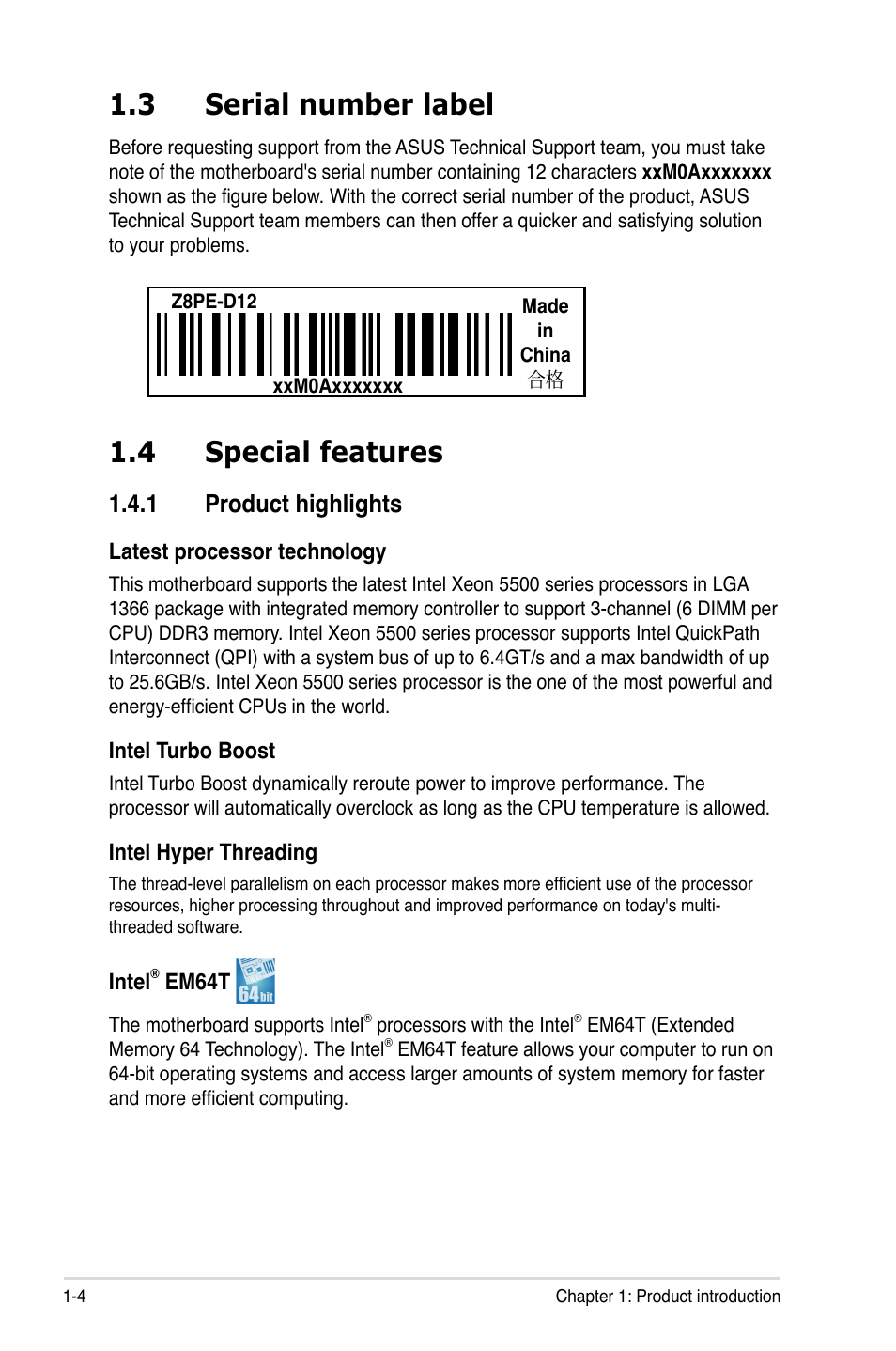 4 special features, 3 serial number label, 1 product highlights | Asus Z8PE-D12 User Manual | Page 18 / 168