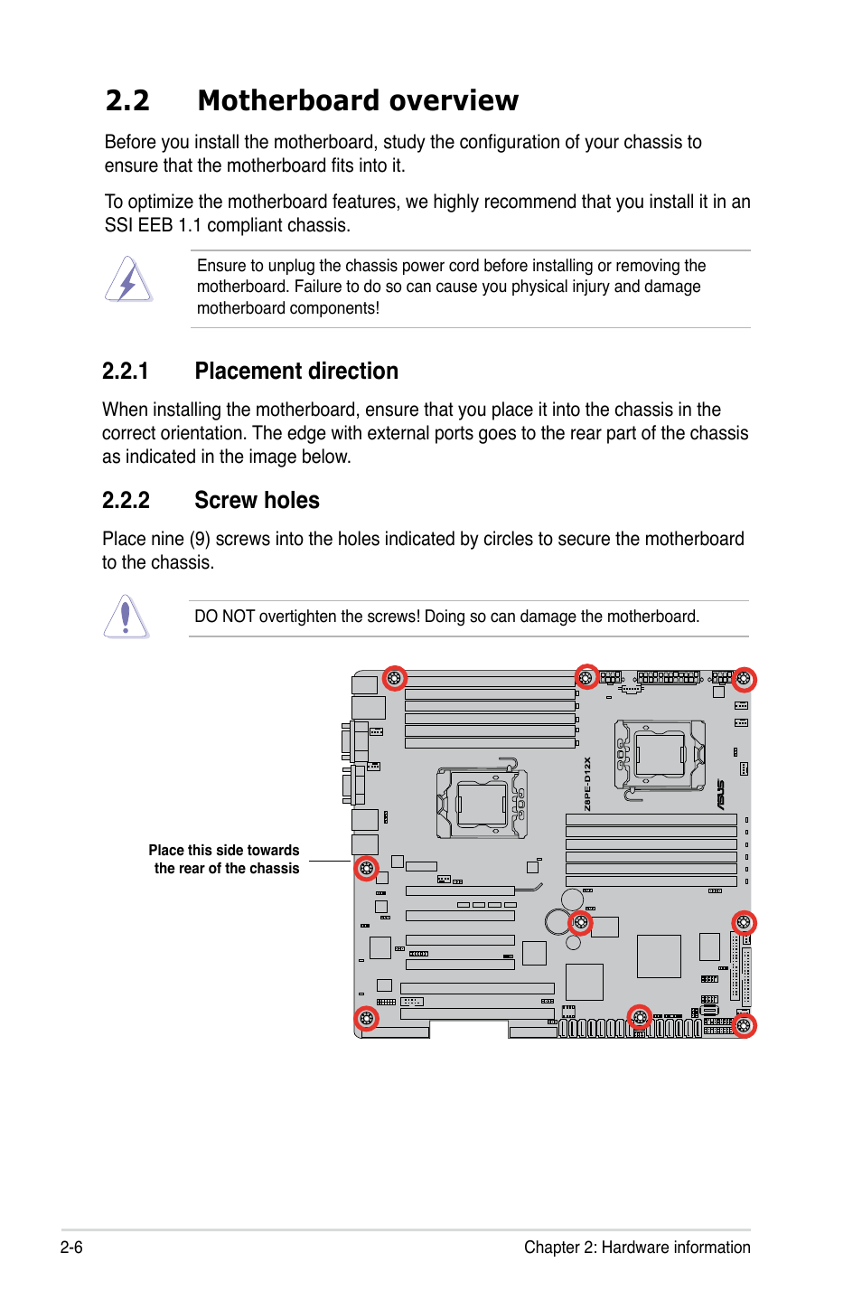 2 motherboard overview, 1 placement direction, 2 screw holes | Asus Z8PE-D12 User Manual | Page 26 / 168