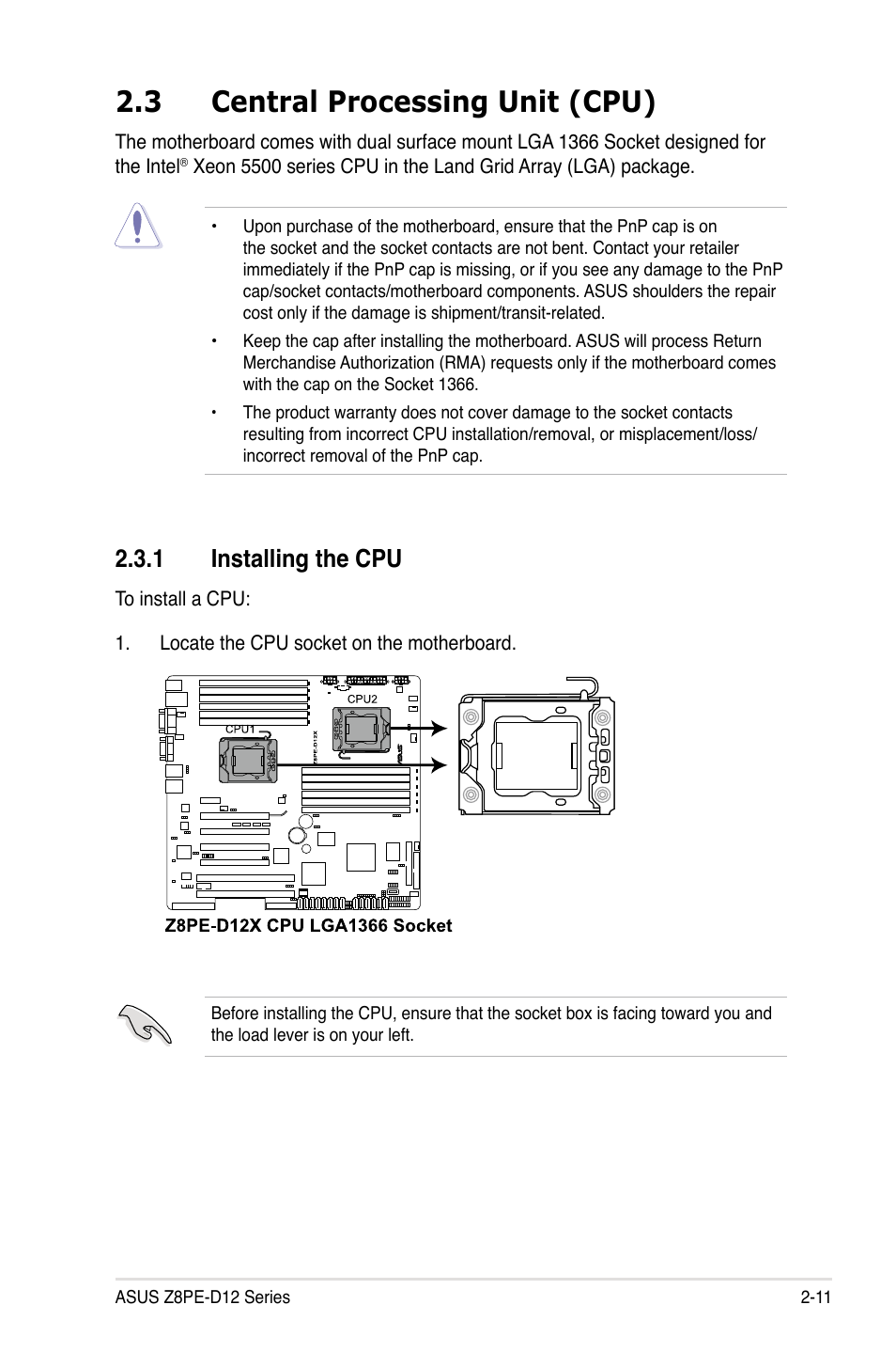 3 central processing unit (cpu), 1 installing the cpu | Asus Z8PE-D12 User Manual | Page 31 / 168