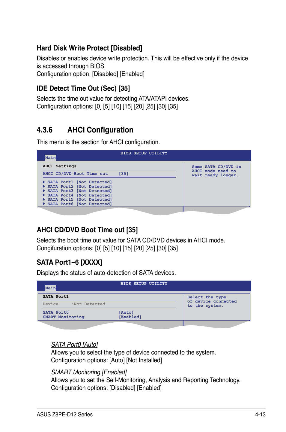 6 ahci configuration, Hard disk write protect [disabled, Ide detect time out (sec) [35 | Ahci cd/dvd boot time out [35 | Asus Z8PE-D12 User Manual | Page 79 / 168