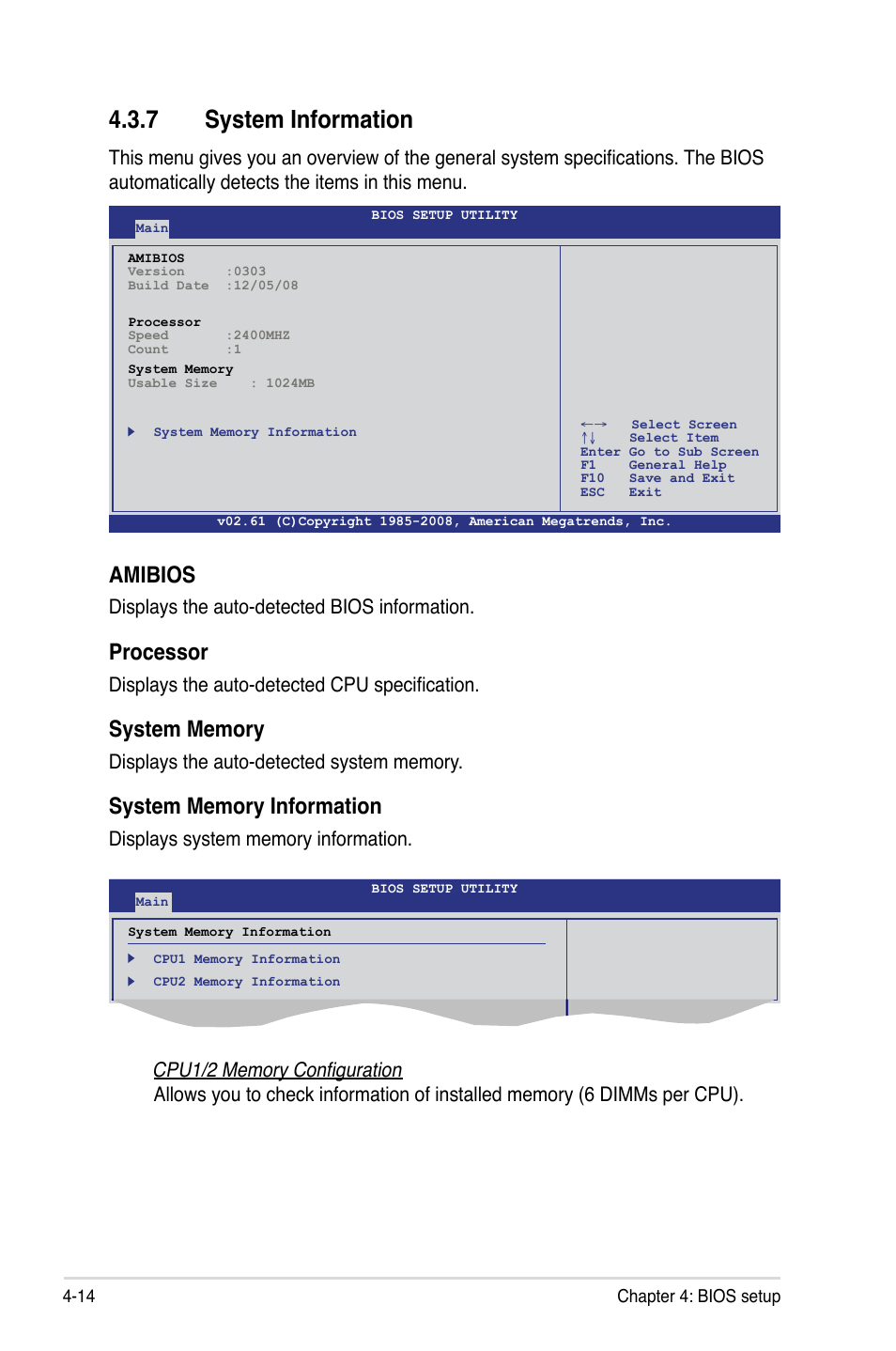 7 system information, Amibios, Processor | Displays the auto-detected bios information, Displays the auto-detected cpu specification | Asus Z8PE-D12 User Manual | Page 80 / 168