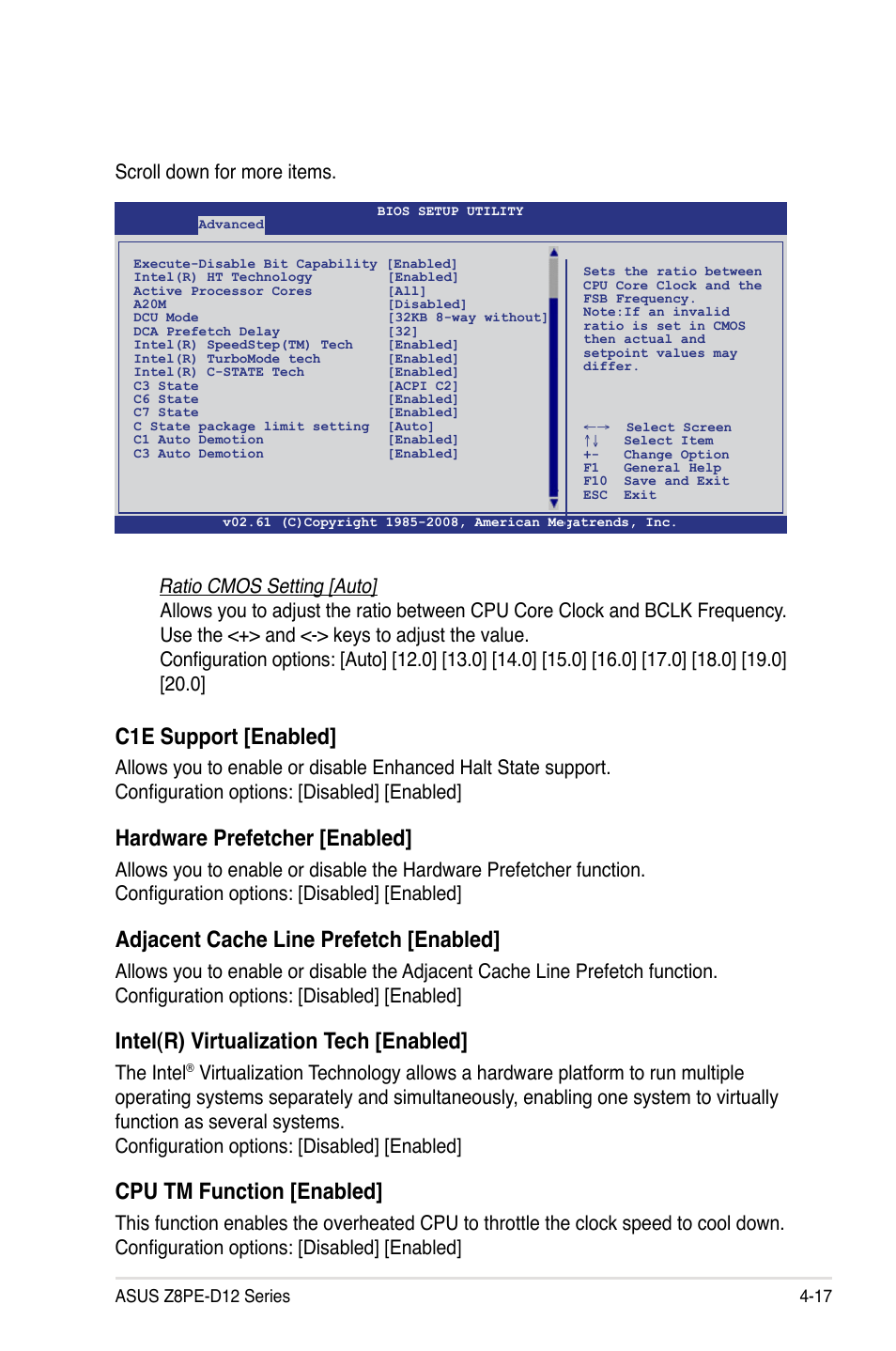 C1e support [enabled, Hardware prefetcher [enabled, Adjacent cache line prefetch [enabled | Intel(r) virtualization tech [enabled, Cpu tm function [enabled, Scroll down for more items, The intel | Asus Z8PE-D12 User Manual | Page 83 / 168